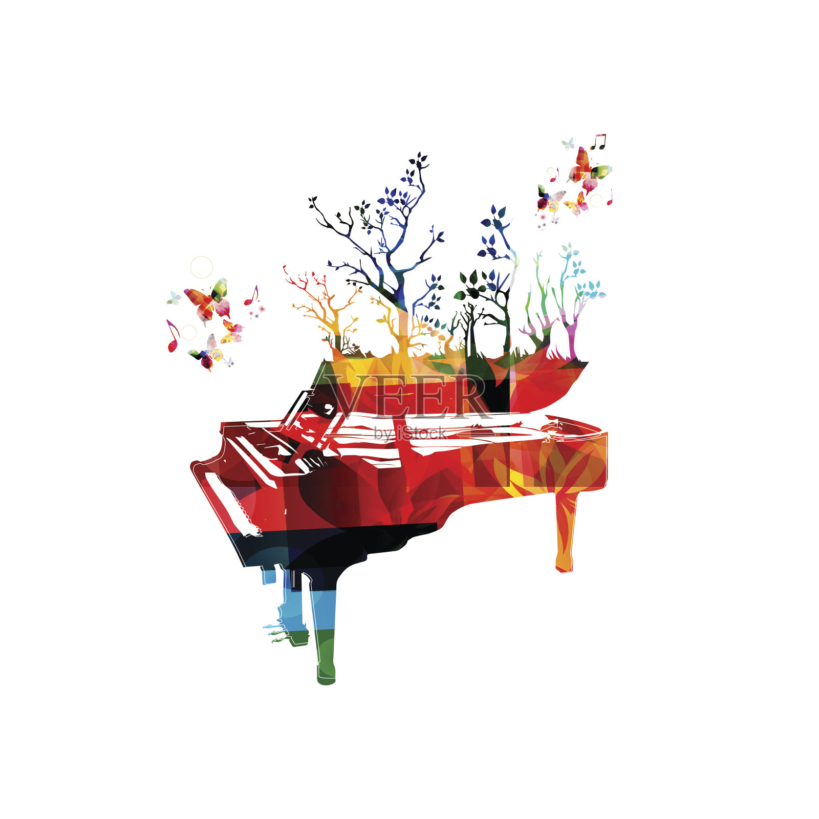 彩色的音乐背景与钢琴和蝴蝶设计元素图片