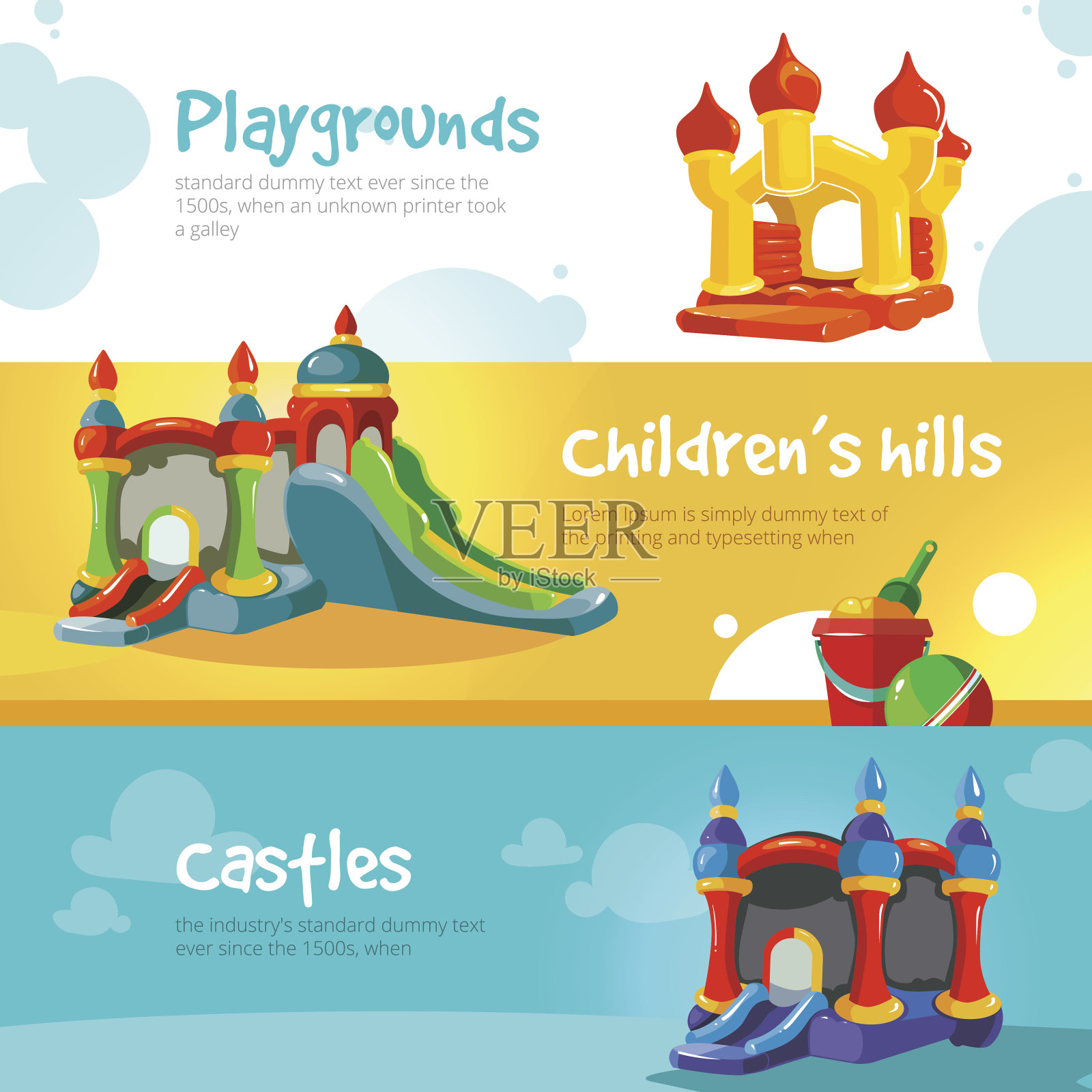 操场上的充气城堡和儿童山插画图片素材