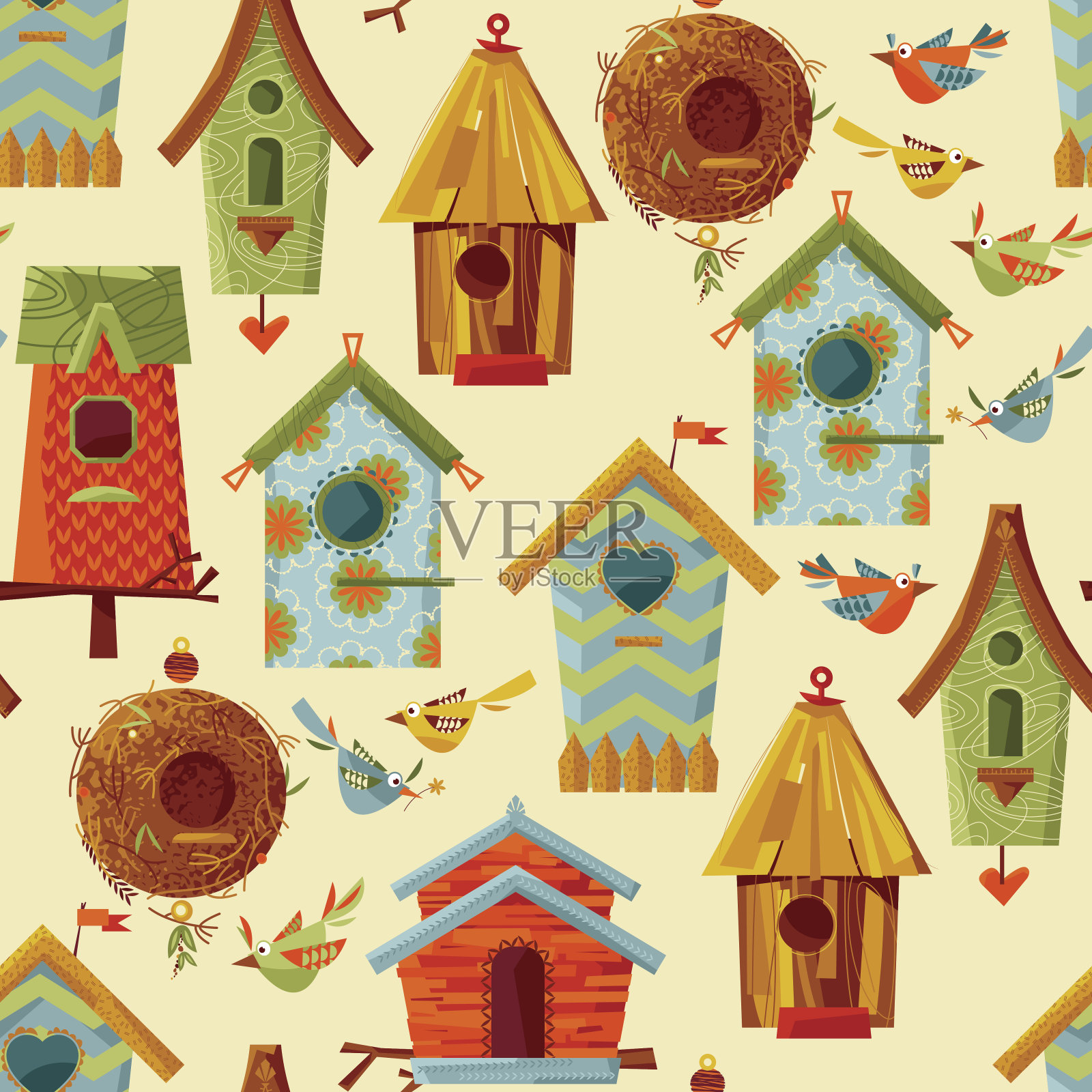 五颜六色的鸟屋和鸟。无缝的背景图案。插画图片素材