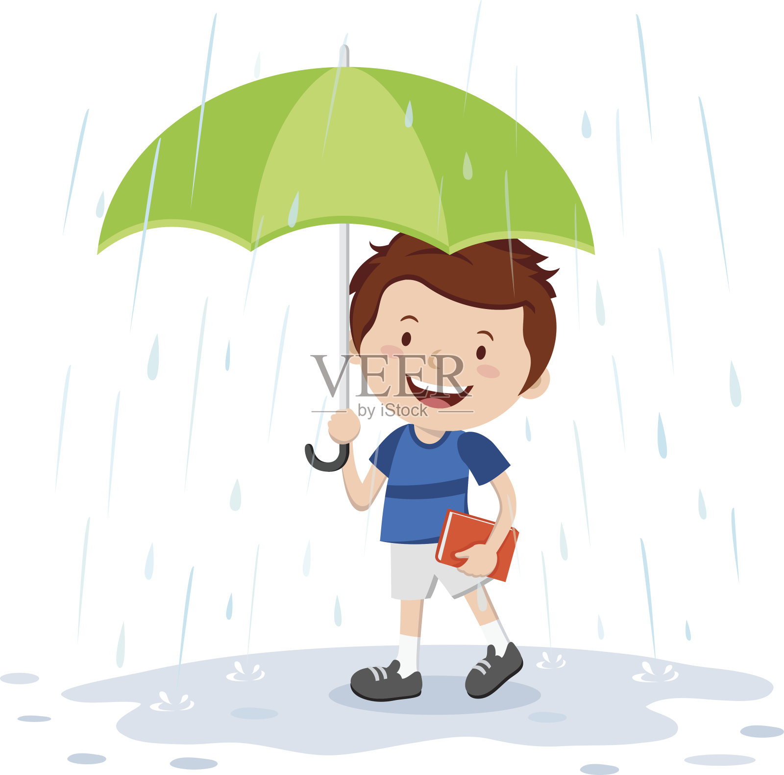 小男孩在雨中撑着伞插画图片素材