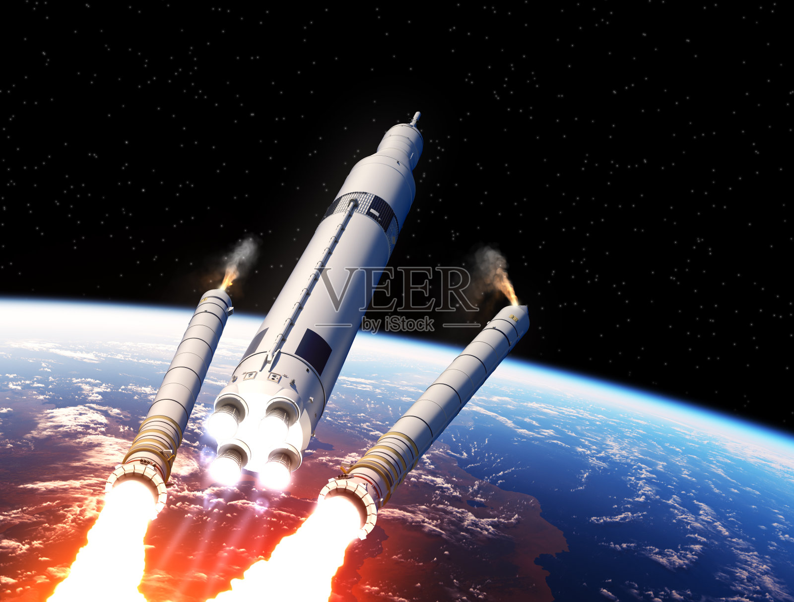 太空发射系统固体火箭助推器在地球上空分离照片摄影图片