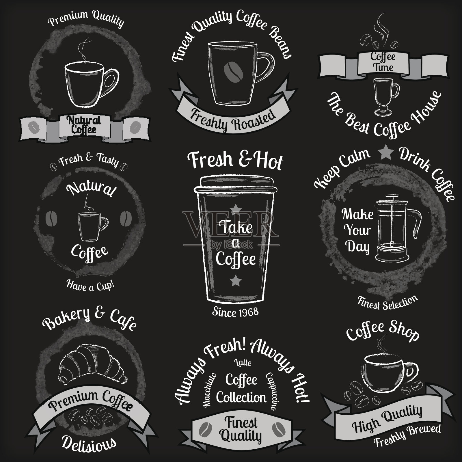 一套复古咖啡徽章上的黑色黑板背景设计元素图片