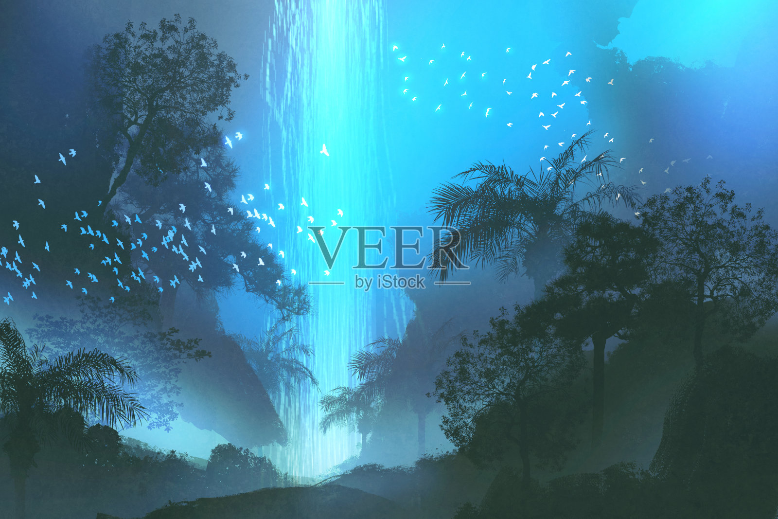 森林中的蓝色瀑布，山水画插画图片素材