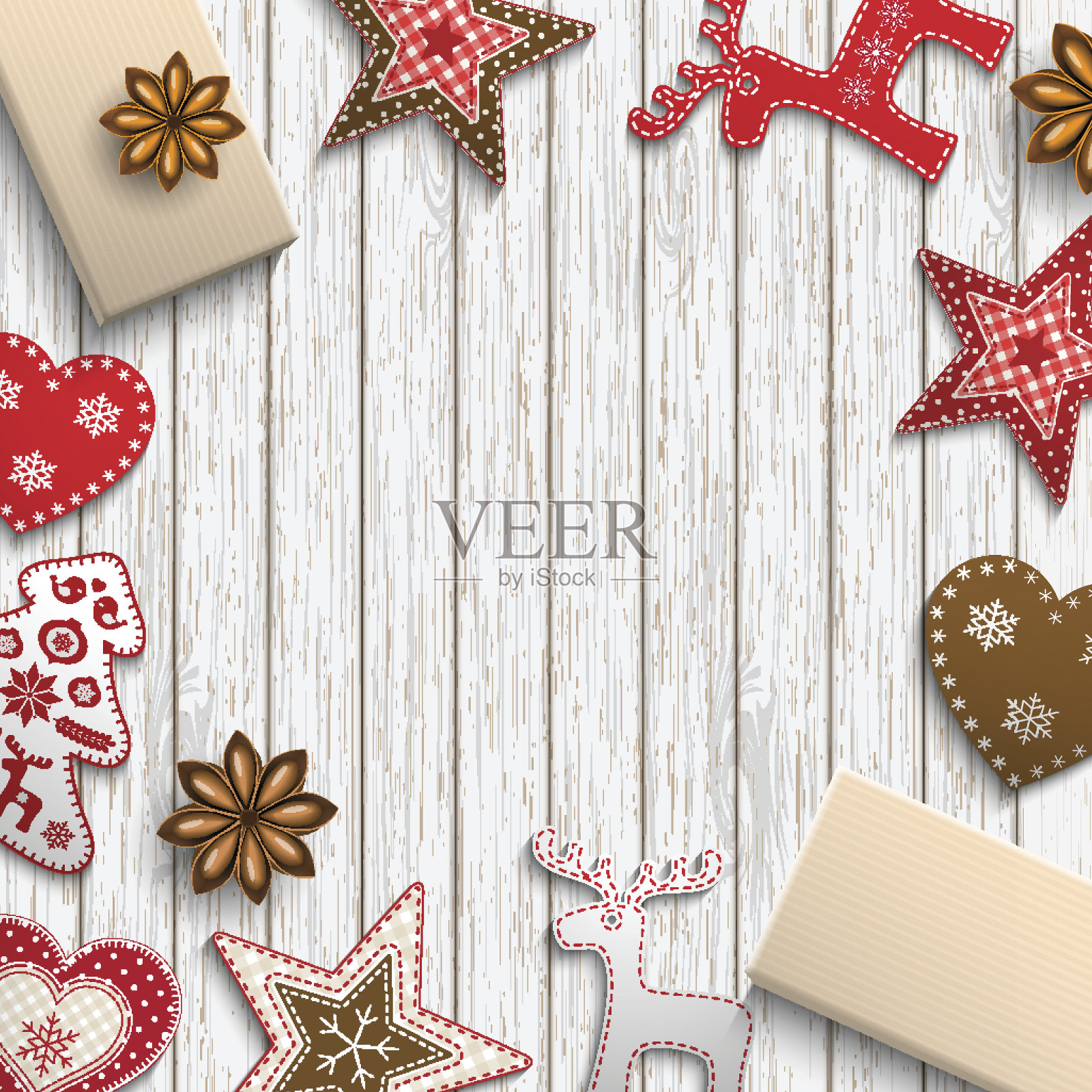 圣诞动机，小斯堪的纳维亚风格的装饰品躺在木桌上设计模板素材