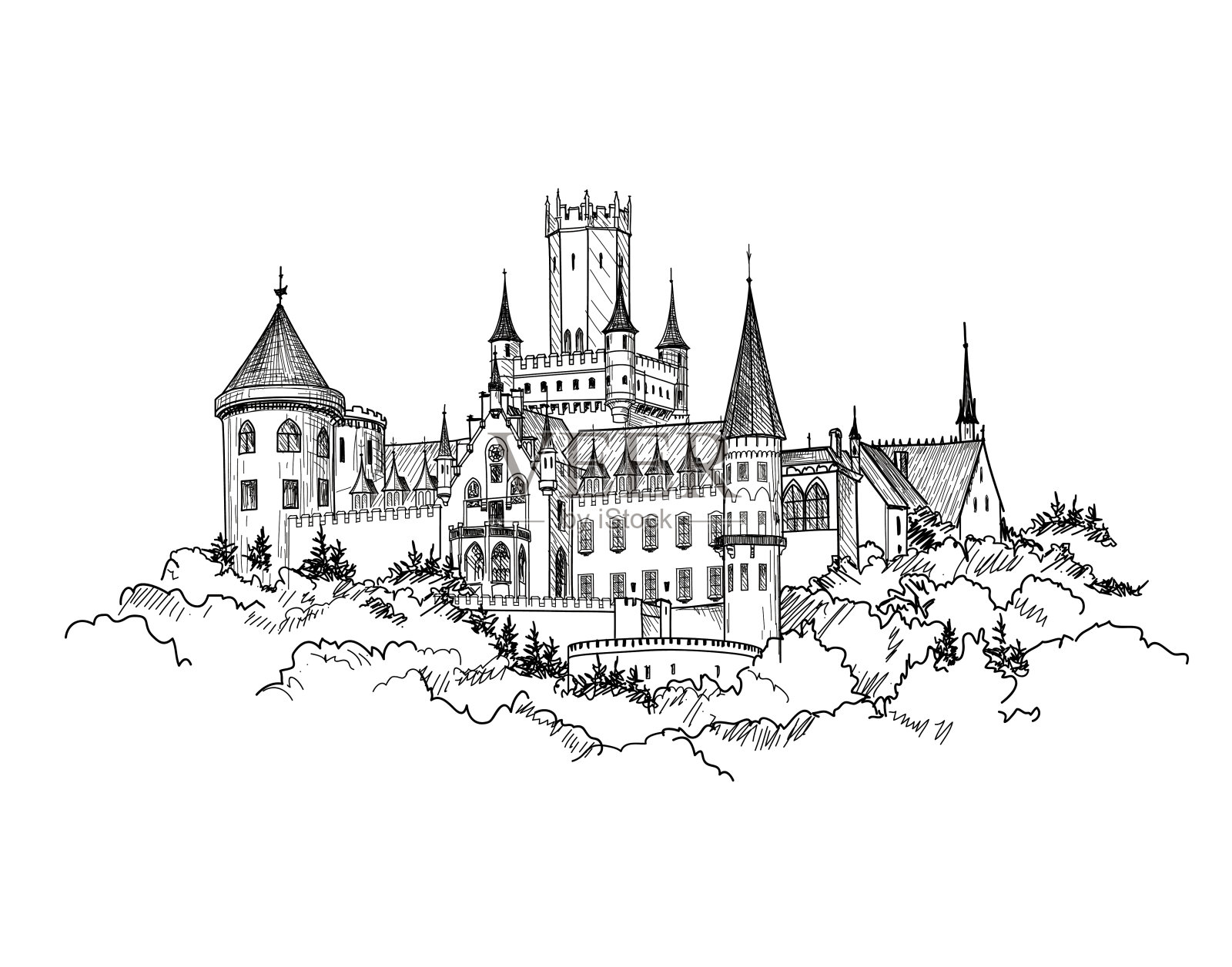 著名的德国城堡景观。德国旅游的背景。塔建筑天际线。插画图片素材