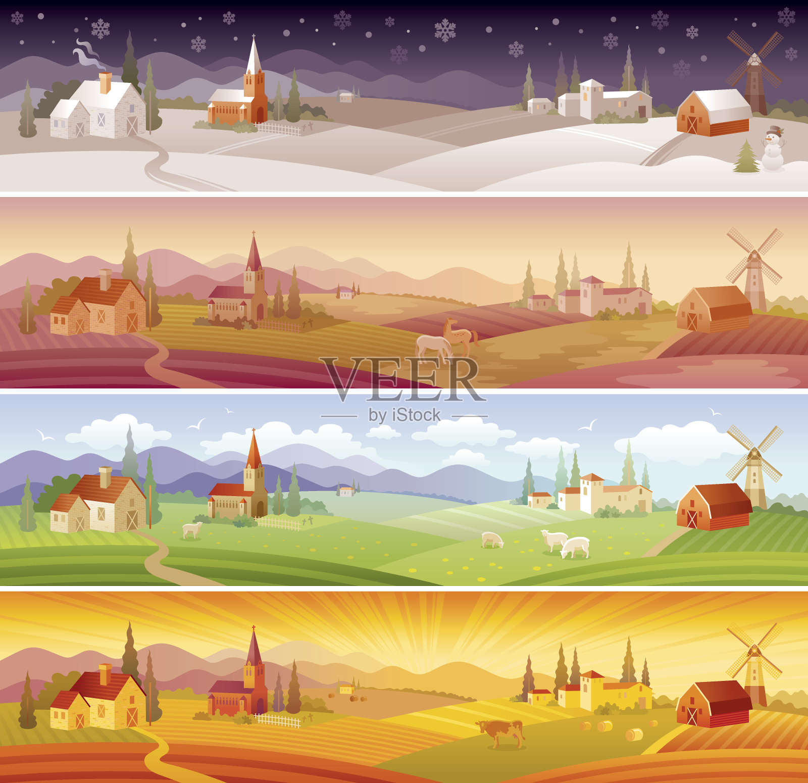 四季景观:冬、春、夏、秋插画图片素材