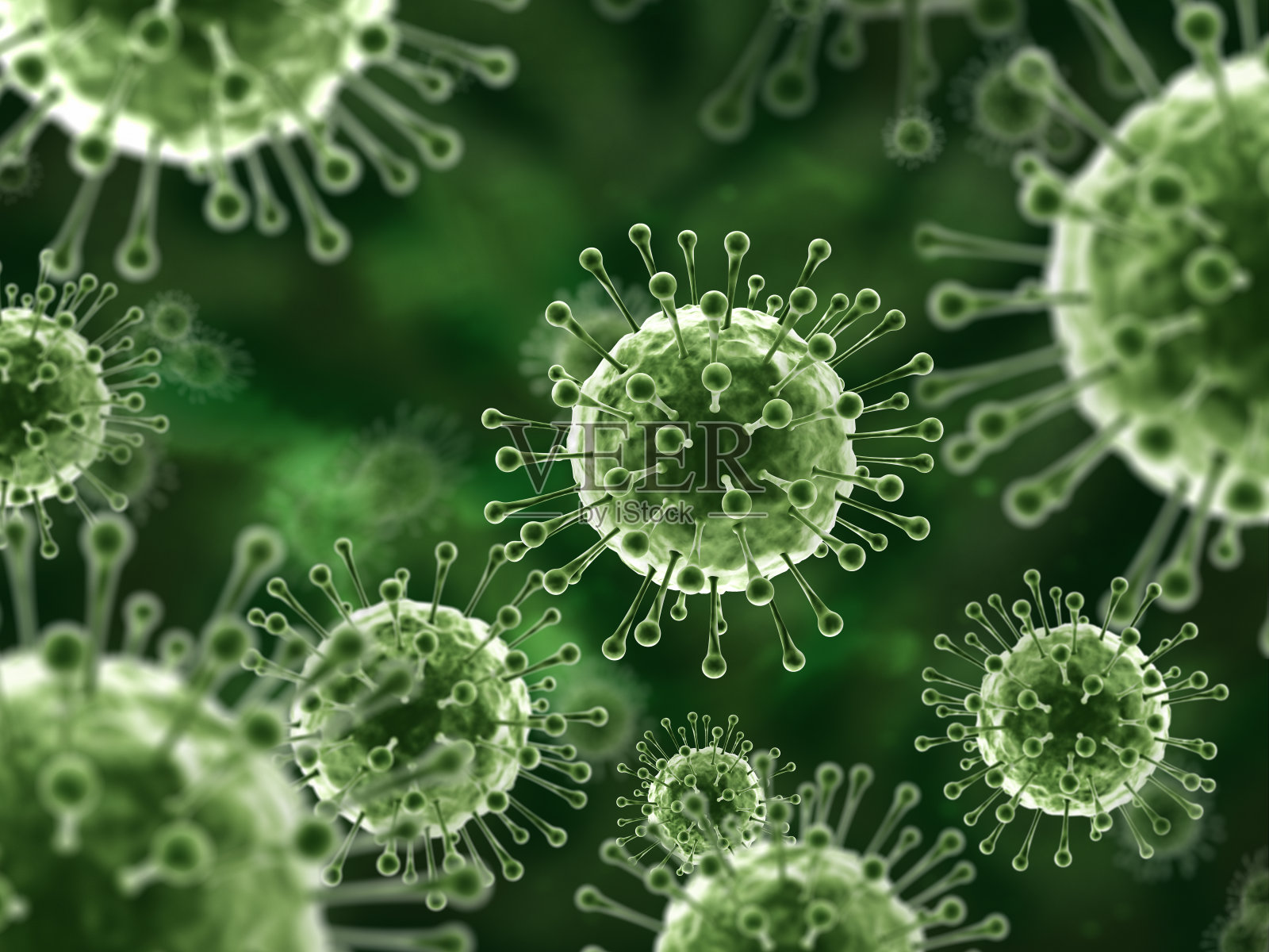 绿色背景上的三维宏抽象病毒插画图片素材