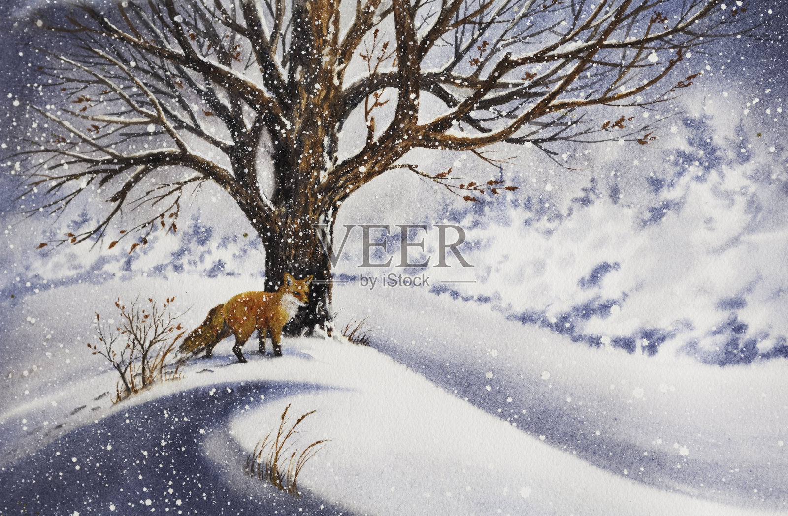 一幅美丽的画，一只红狐站在雪地里的一棵树旁插画图片素材