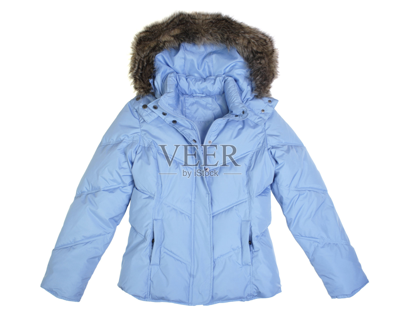 一件带兜帽的浅蓝色冬季夹克照片摄影图片