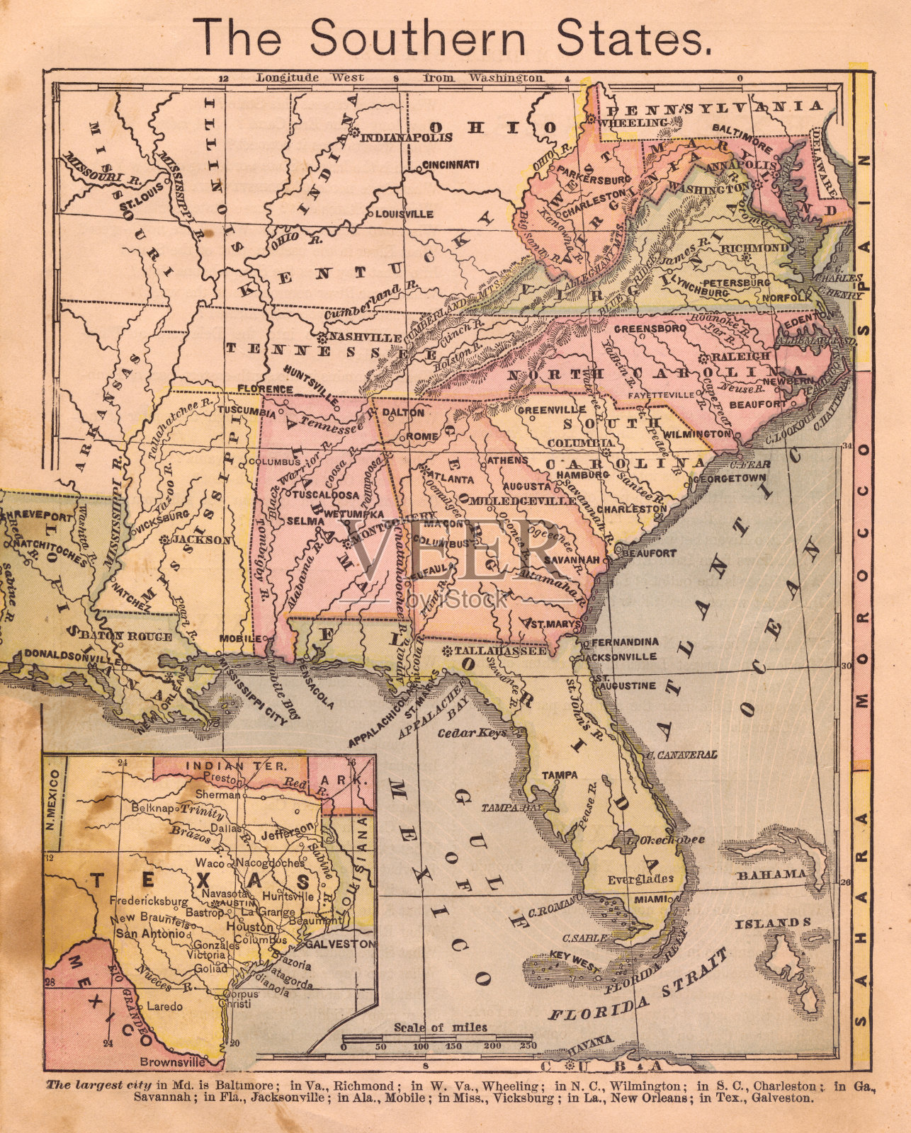 1867年，美国南部的旧彩色地图照片摄影图片