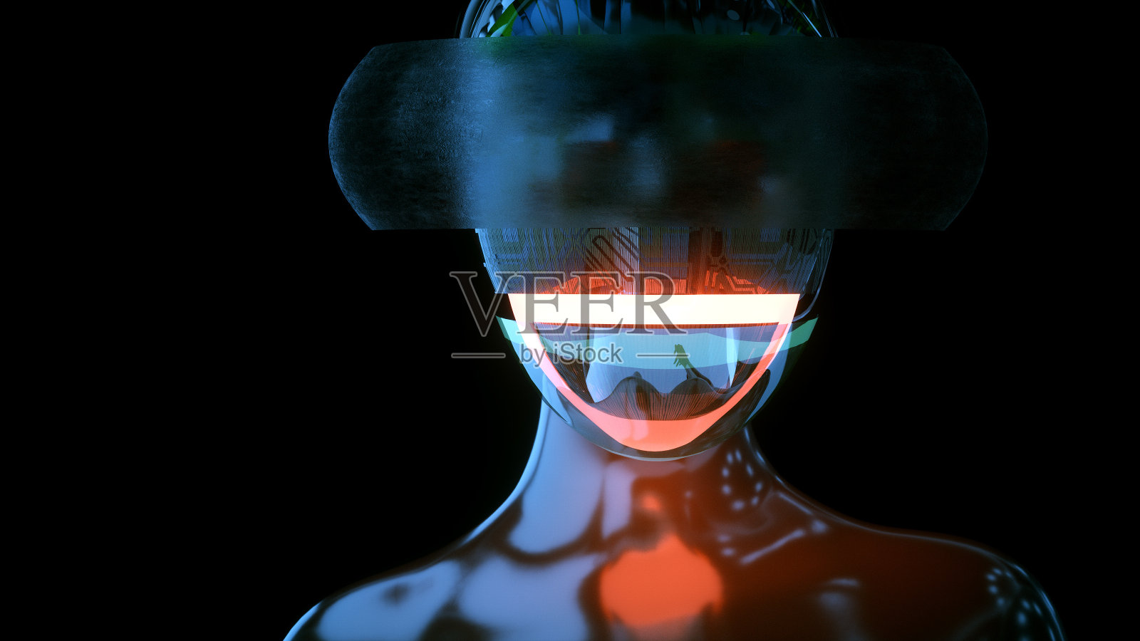 佩戴VR头盔的女性半机械人插画图片素材