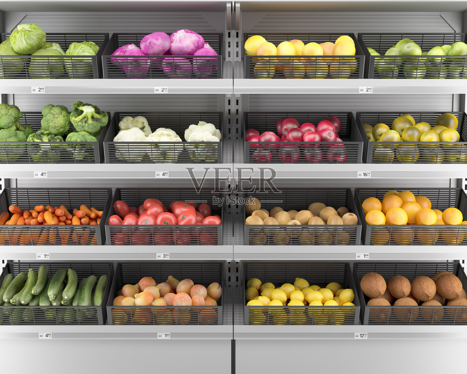 超市货架上的新鲜蔬菜和水果(背景)照片摄影图片