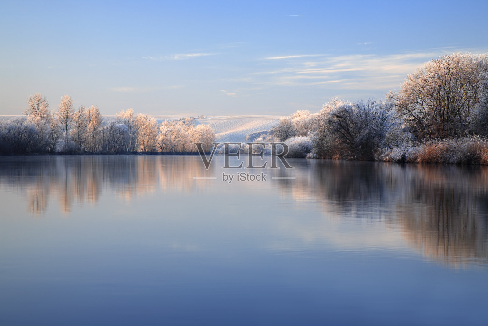冬天的早晨，霜覆盖的树木和景观沿河照片摄影图片