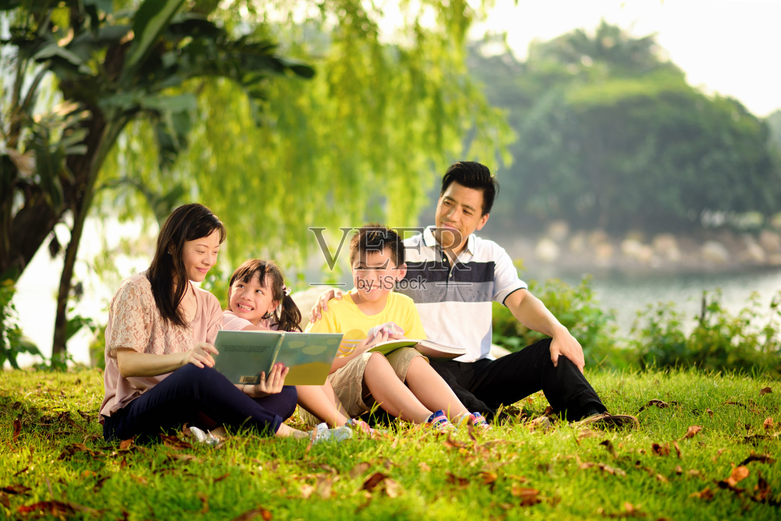 亚洲儿童和父母在户外阅读照片摄影图片