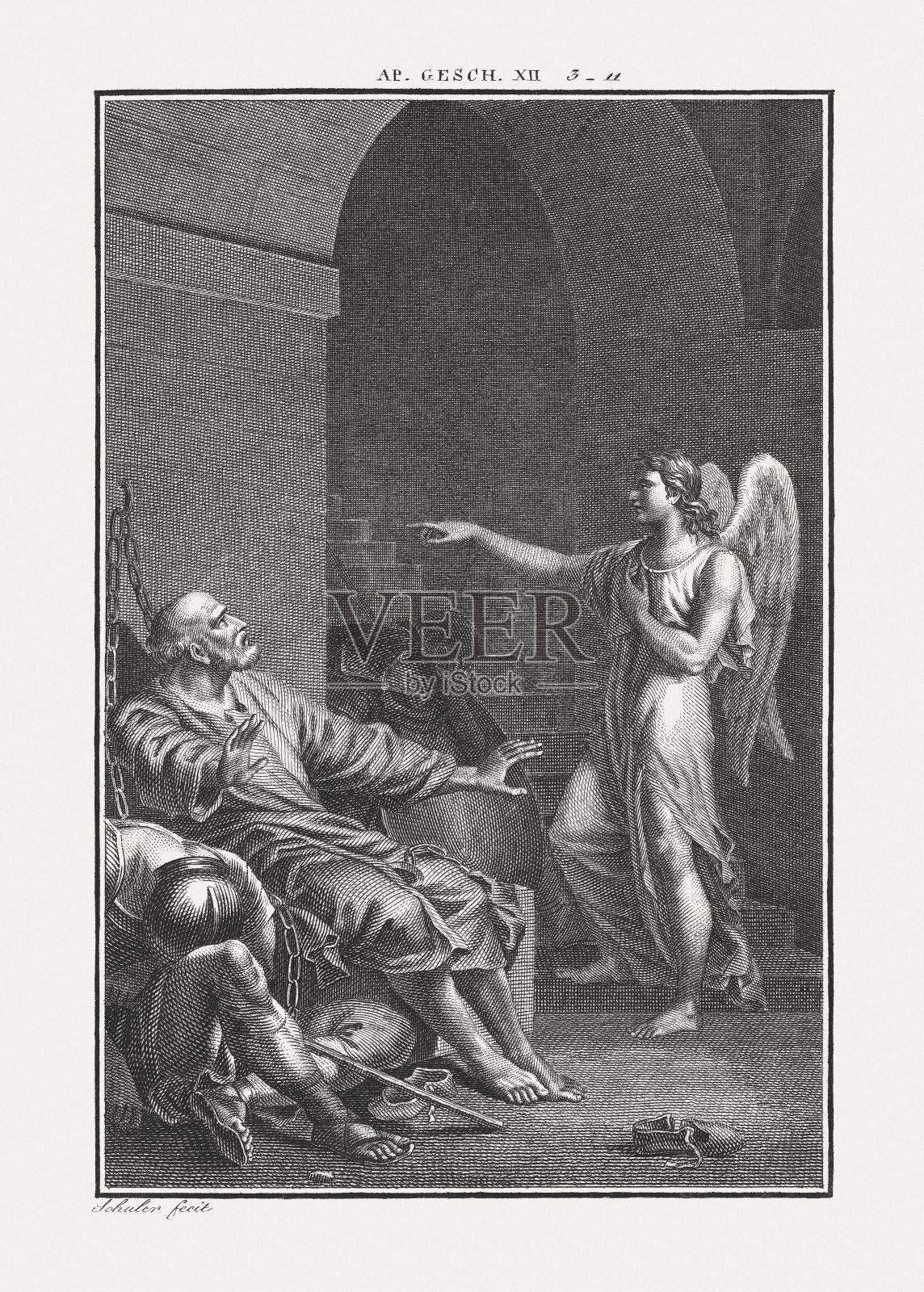 《圣彼得的解放》(使徒行传第12章)，铜版，约1850年出版插画图片素材