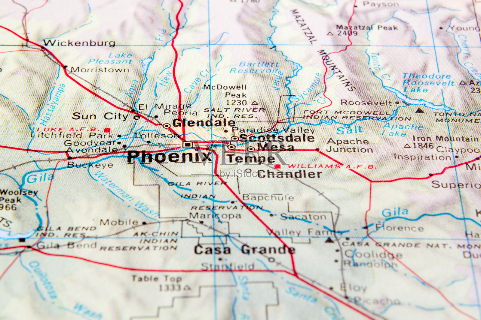 亚利桑那州的地图放大了菲尼克斯周围的地区，亚利桑那州照片摄影图片