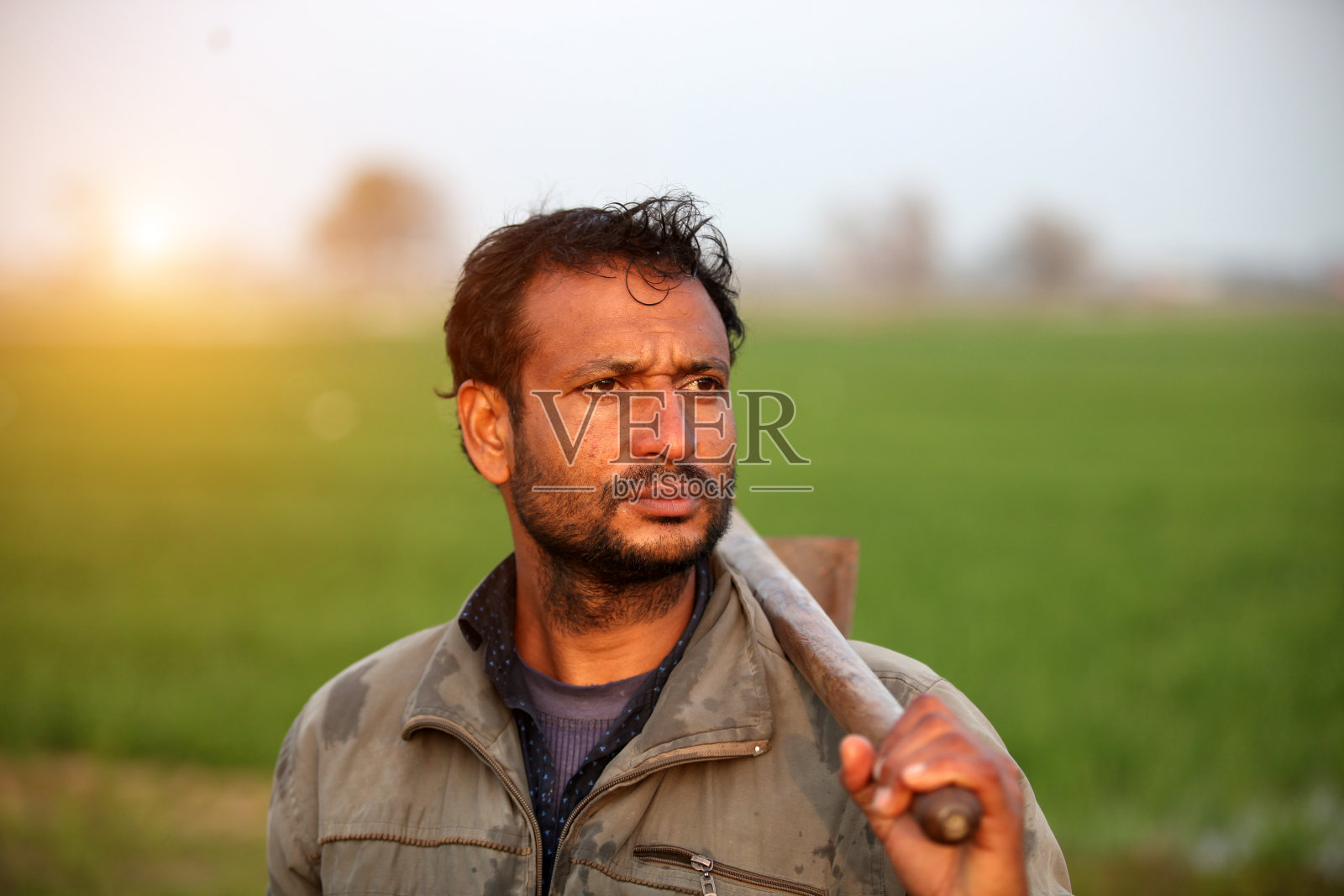 农民扛着锄头站在田野里照片摄影图片