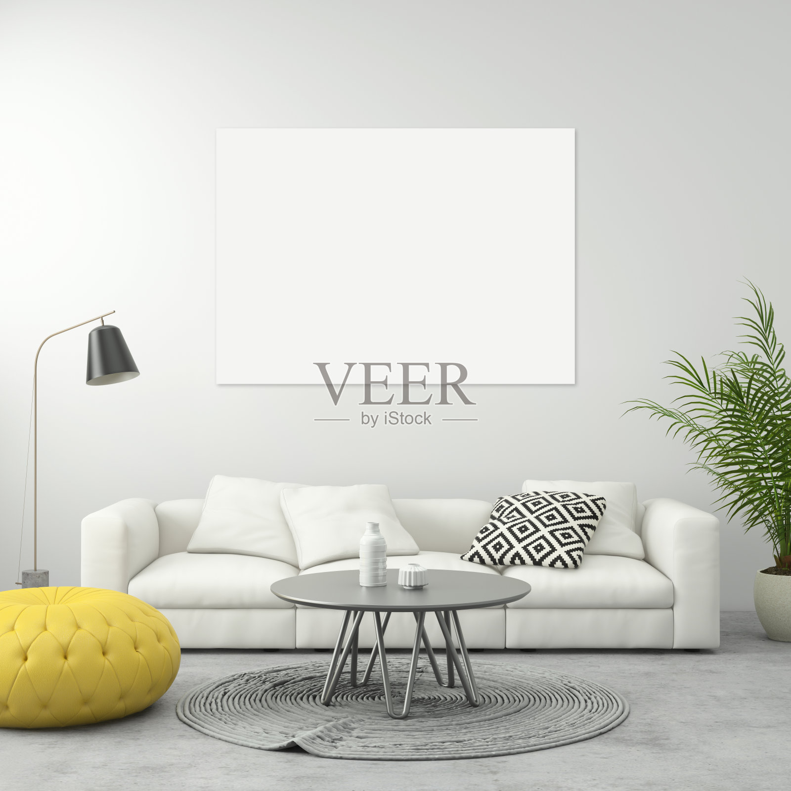 极简主义现代室内客厅，沙发和海报框架插画图片素材