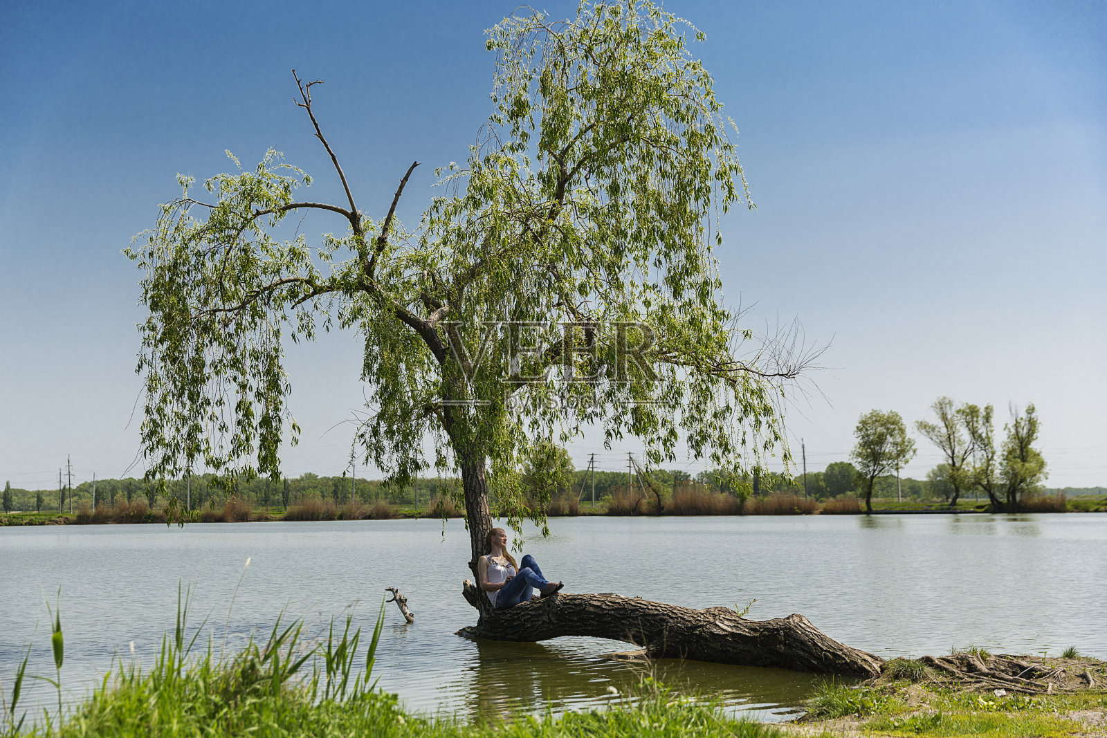 夏天在湖边休息的女人照片摄影图片