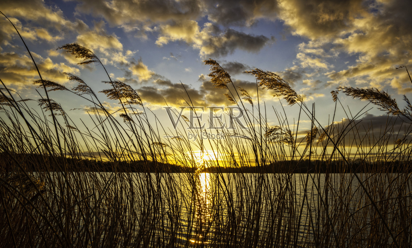 日落时的萨里山湖景照片摄影图片