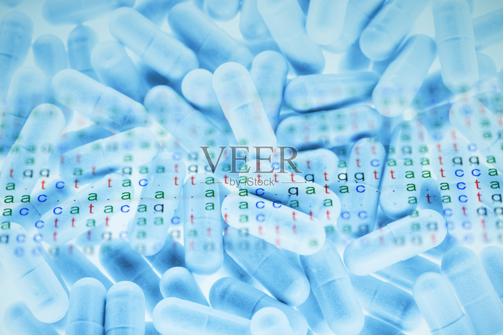 彩色编码的DNA序列与药物胶囊照片摄影图片
