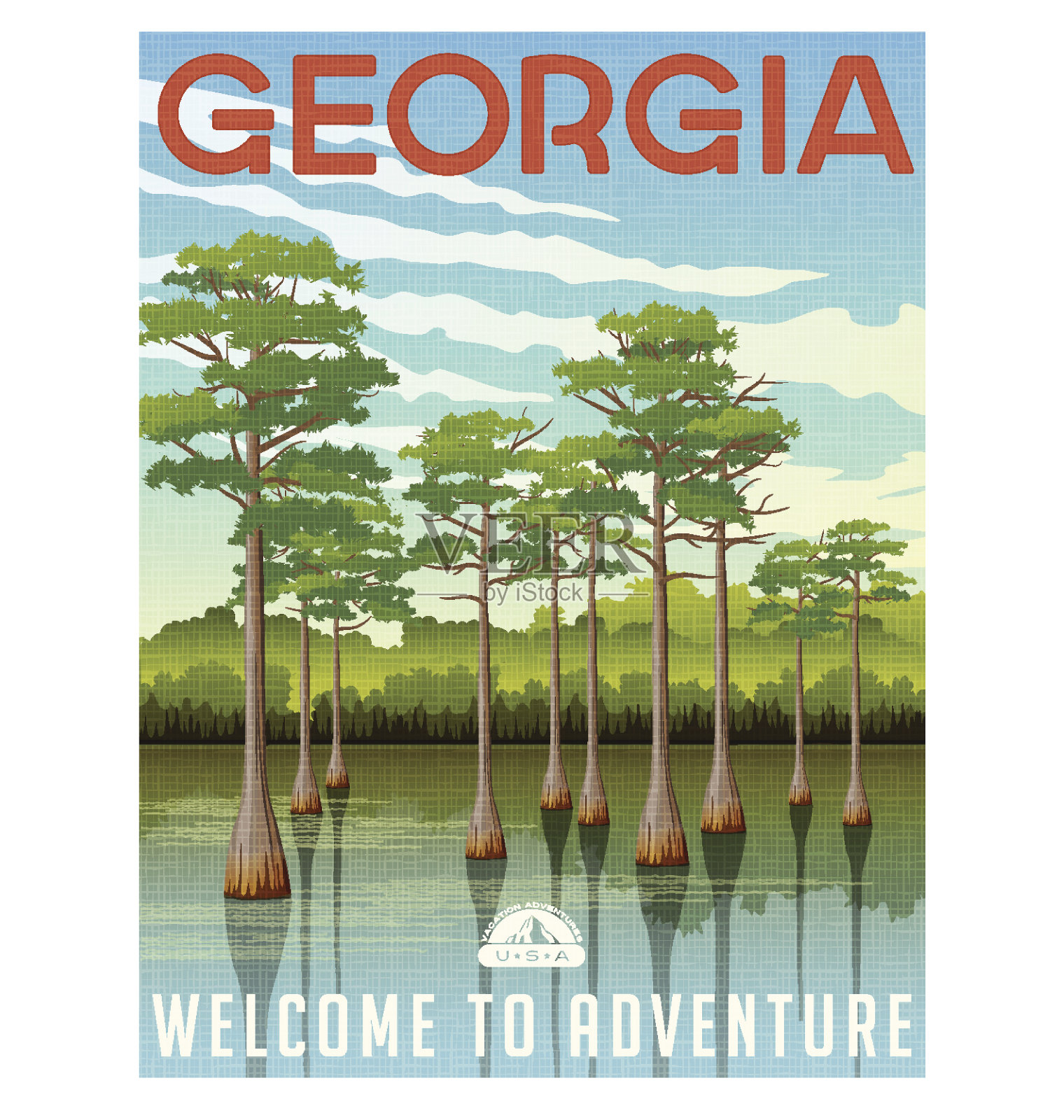 乔治亚州旅游海报或贴纸。湿地沼泽秃柏矢量图设计模板素材