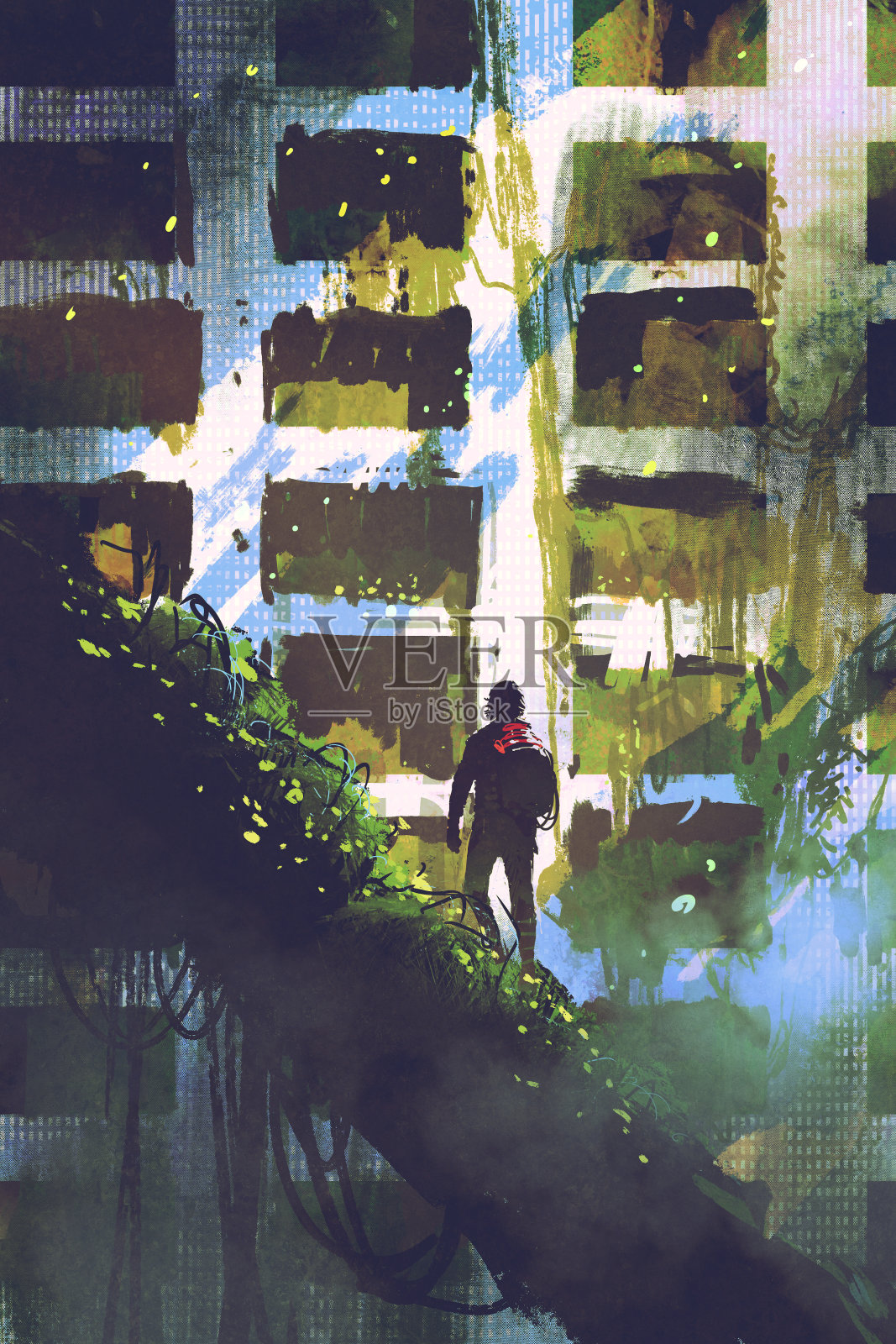 一个人站在巨树上看着废弃的建筑插画图片素材