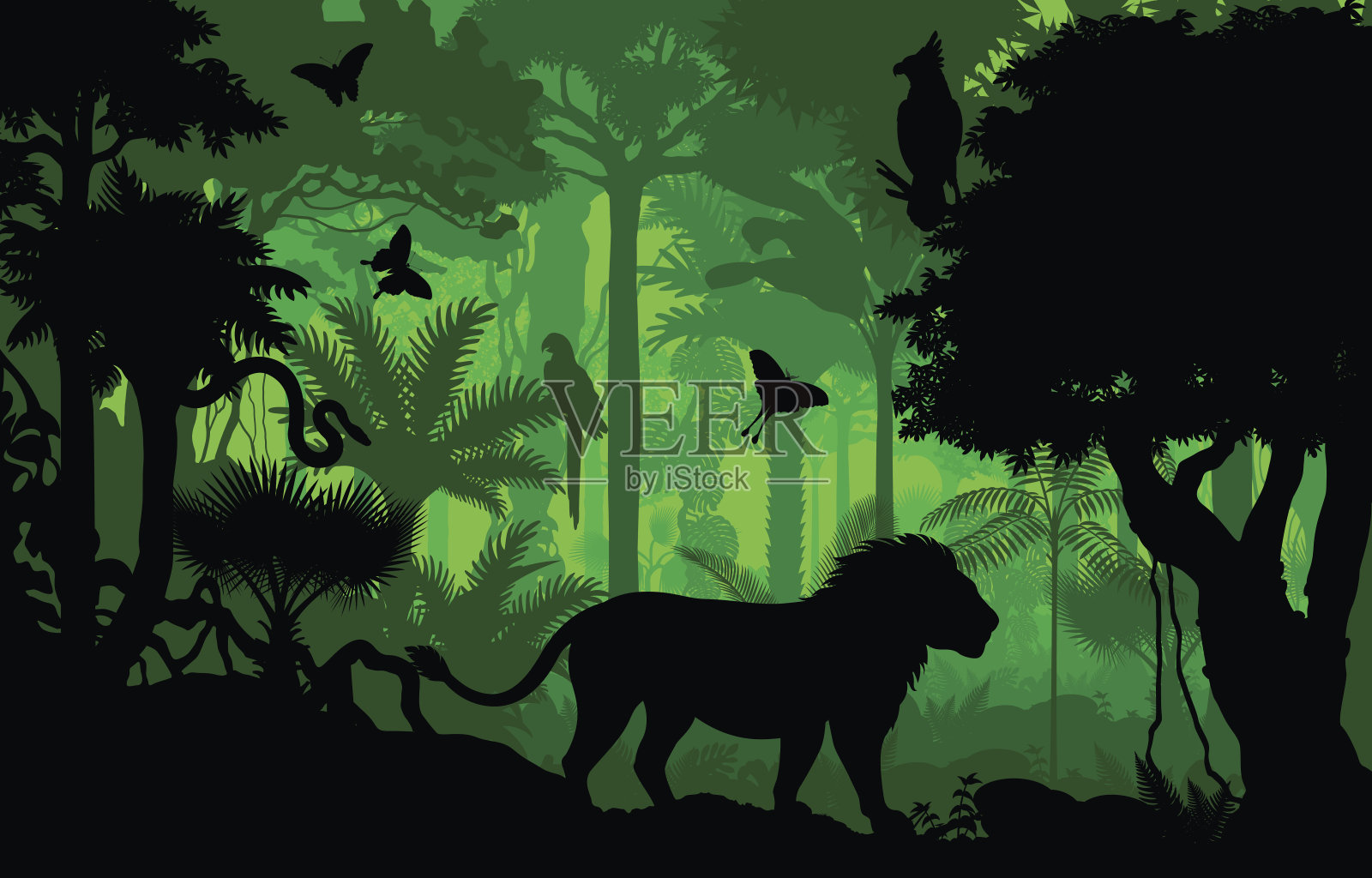 矢量傍晚热带雨林丛林背景与狮子，大雕，蟒蛇和蝴蝶插画图片素材