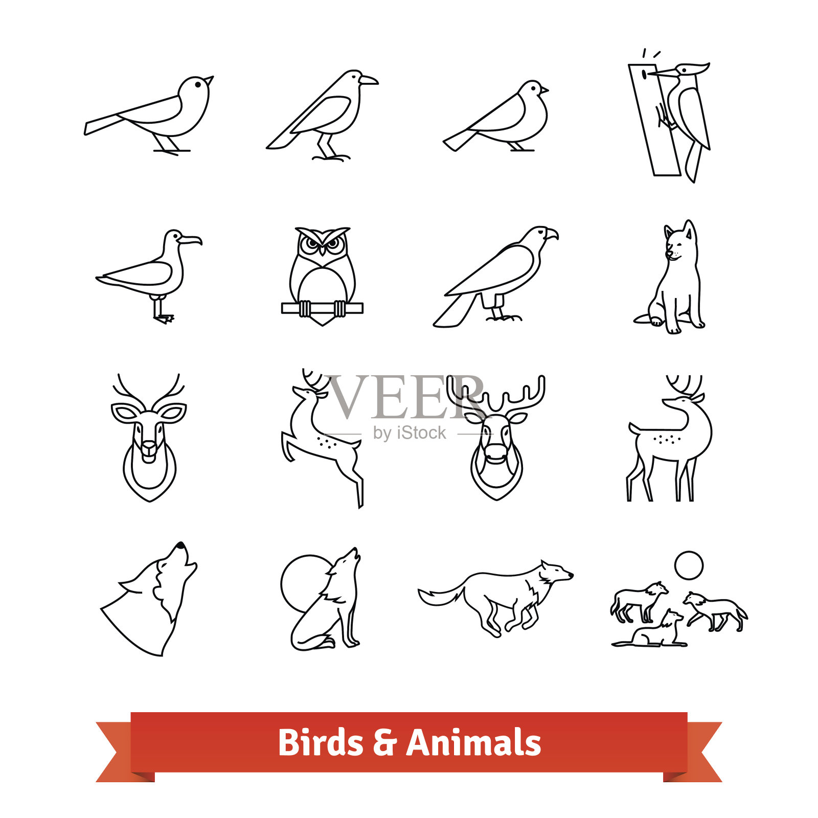 野生动物和鸟类细线艺术图标集图标素材