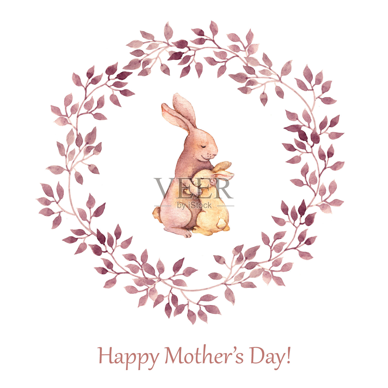手绘贺卡母亲节与动物-兔妈妈拥抱她的孩子。水彩绘画插画图片素材