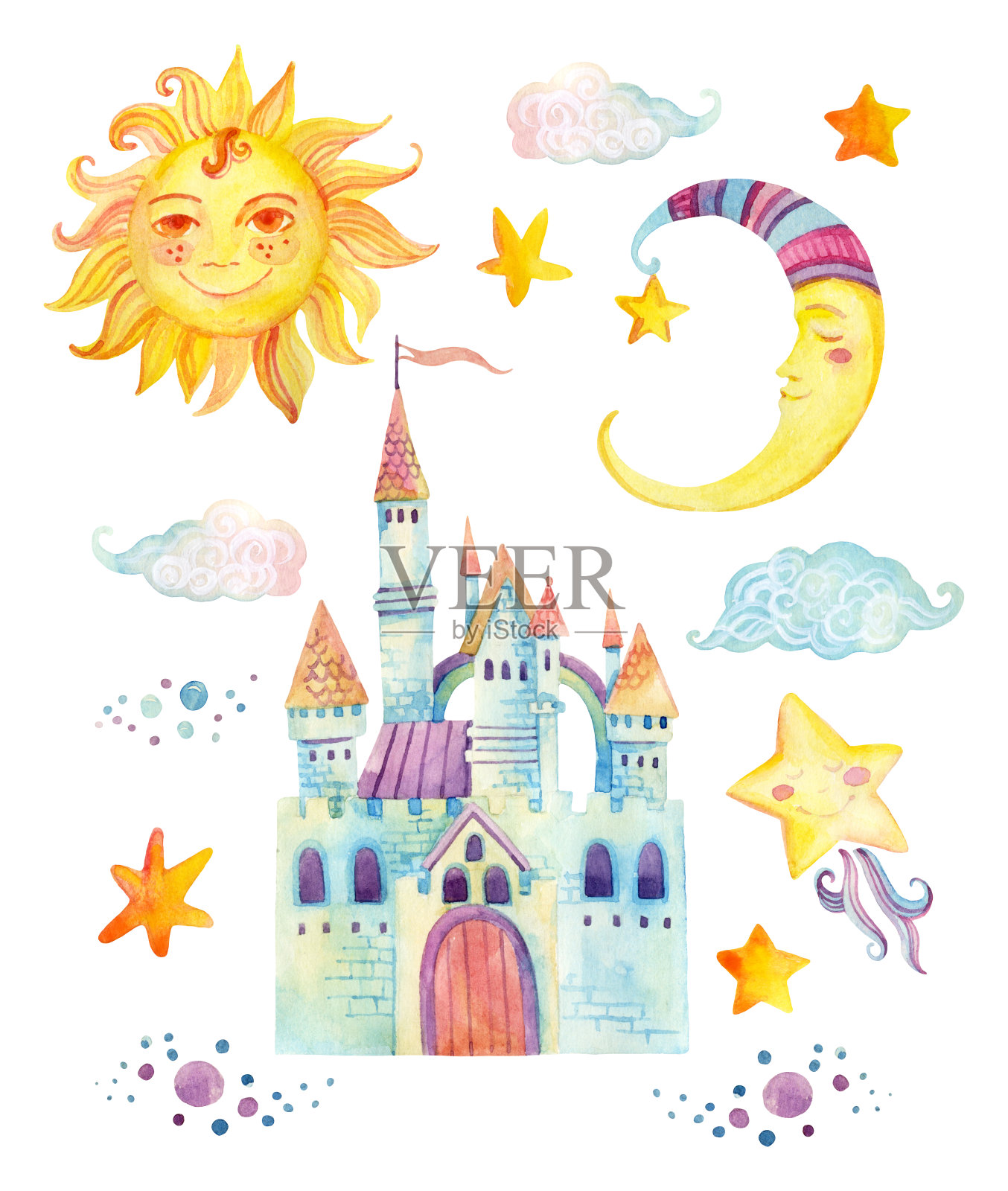 有魔法城堡、太阳、月亮、星星的水彩画童话集插画图片素材
