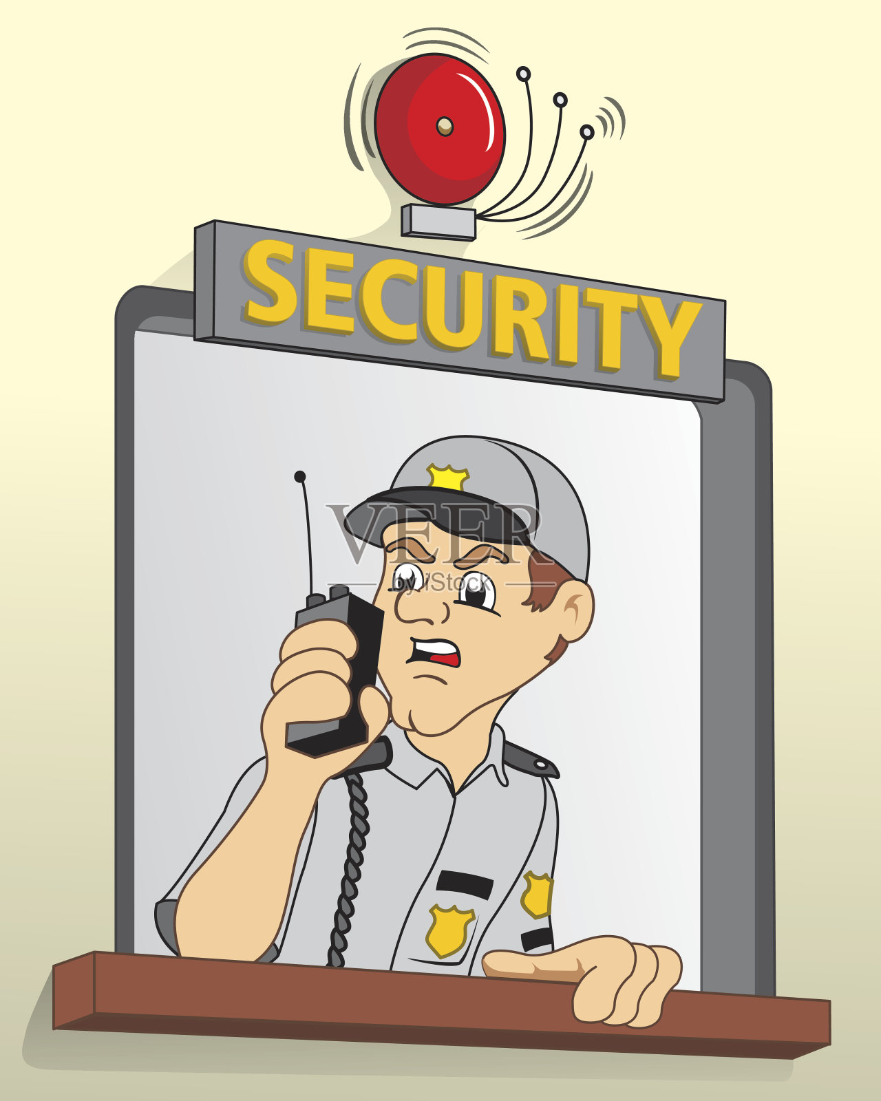 保安在警卫室里，在广播里谈论警报插画图片素材