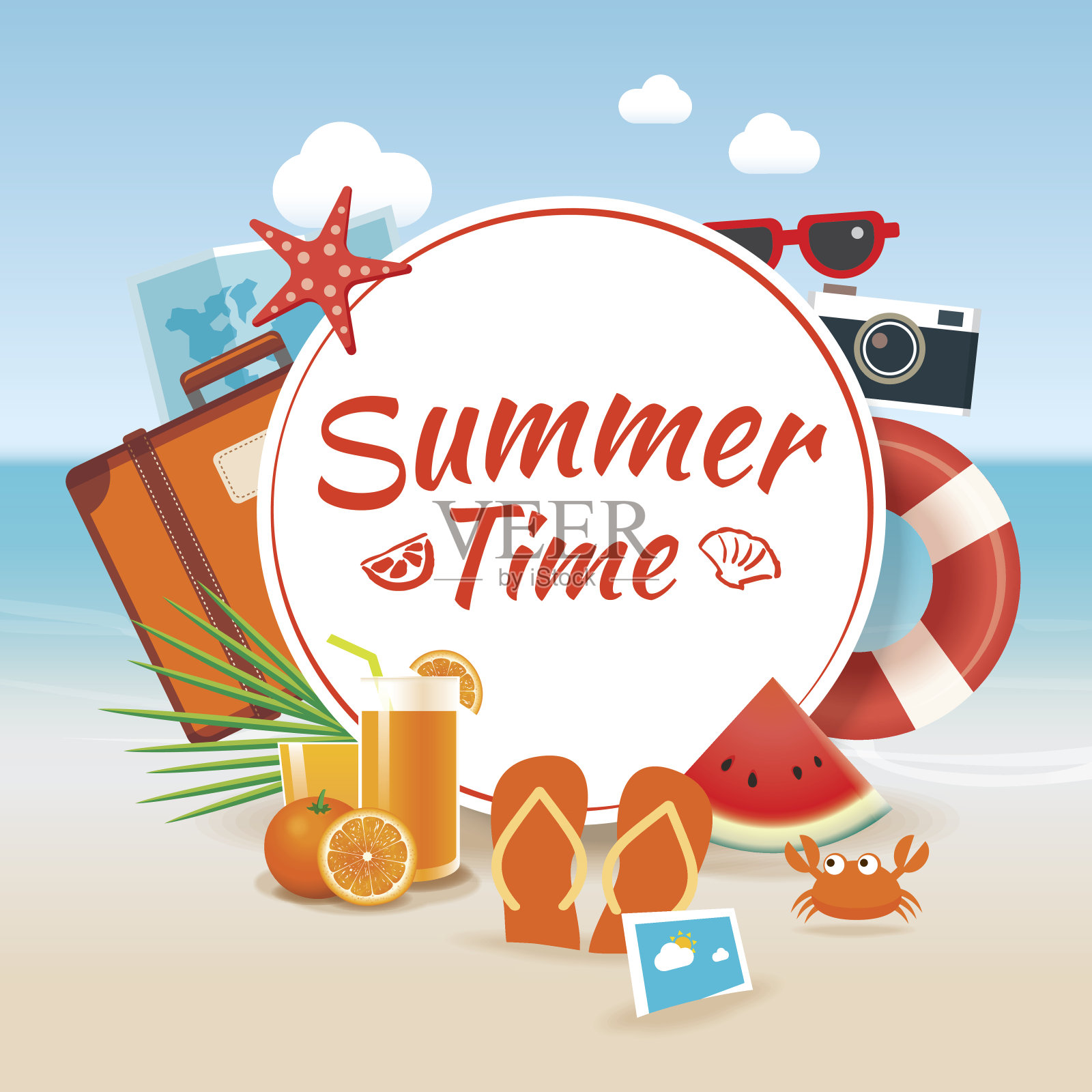 夏季时间背景横幅设计模板和木沙滩标志的季节元素插画图片素材