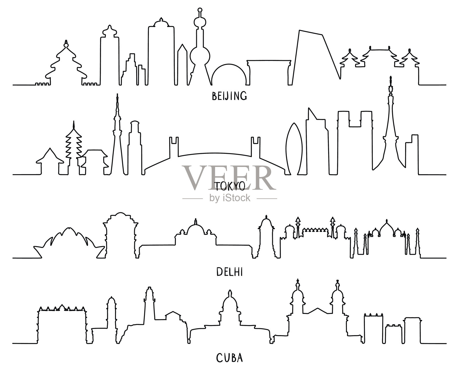 城市地标(北京、东京、新德里、古巴)插画图片素材