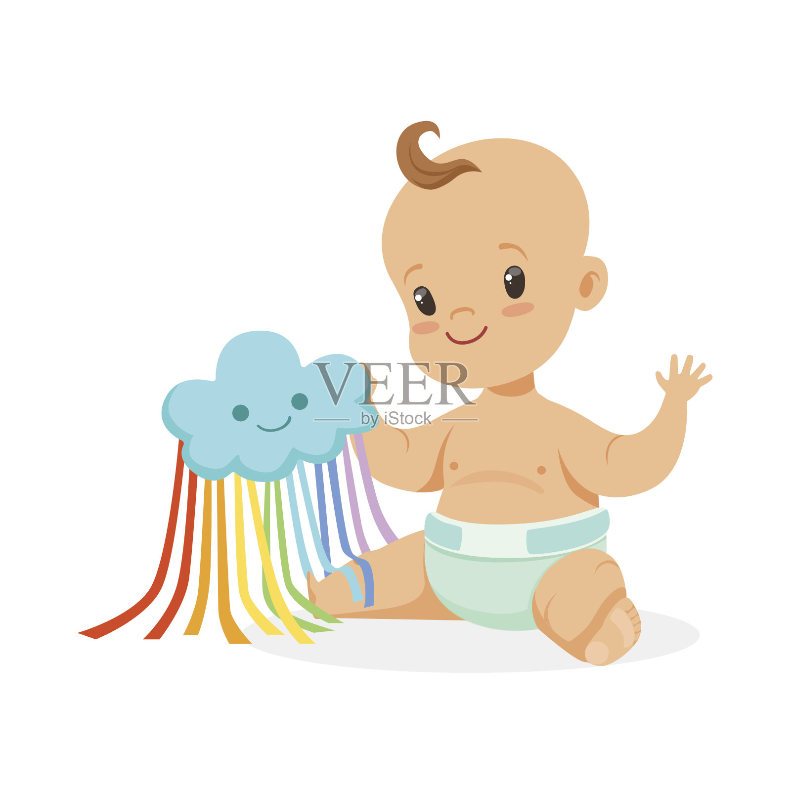 甜美微笑的宝宝在尿布里玩着玩具云，彩色卡通人物矢量插画插画图片素材