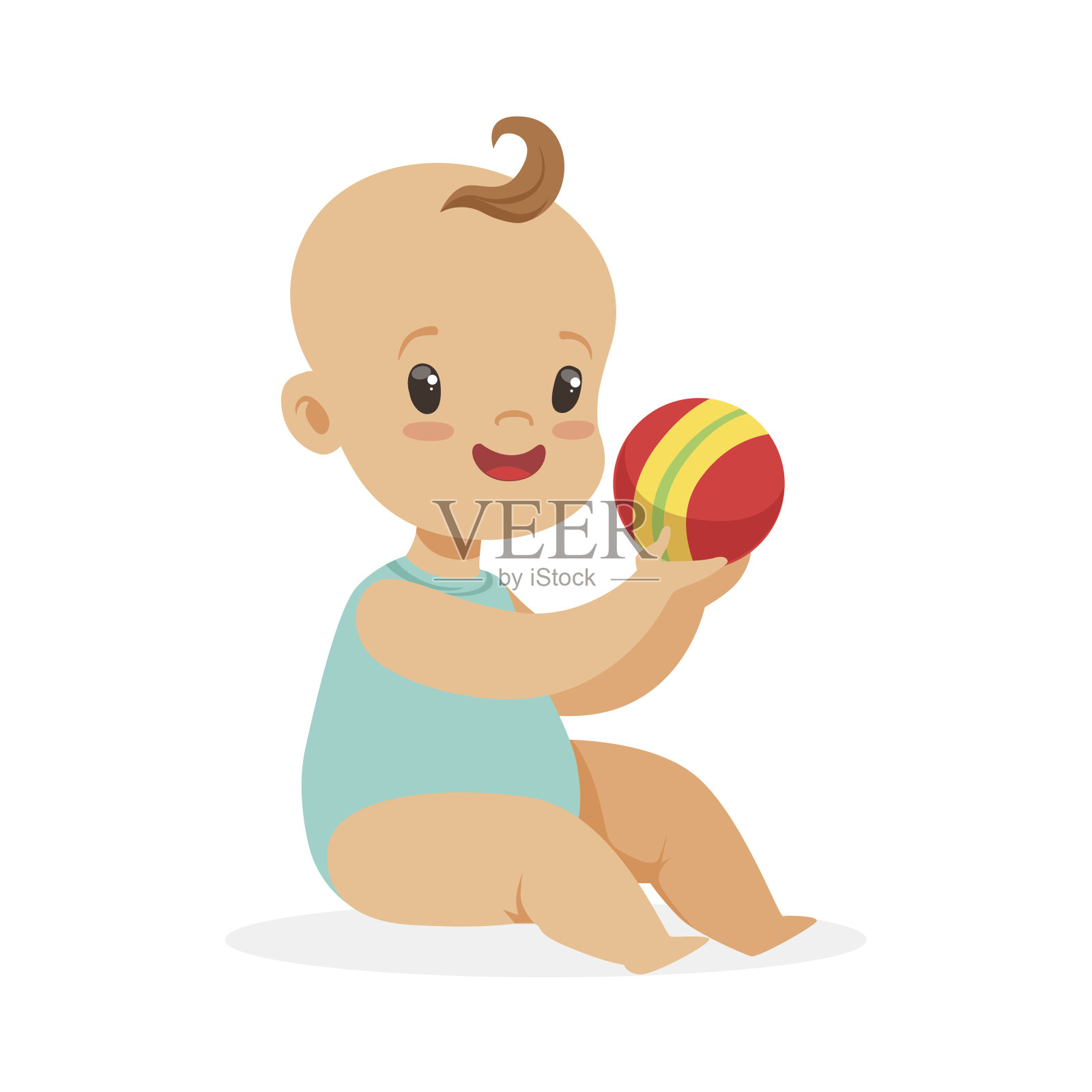 可爱的宝宝微笑着坐着玩球，彩色的卡通人物矢量插图插画图片素材