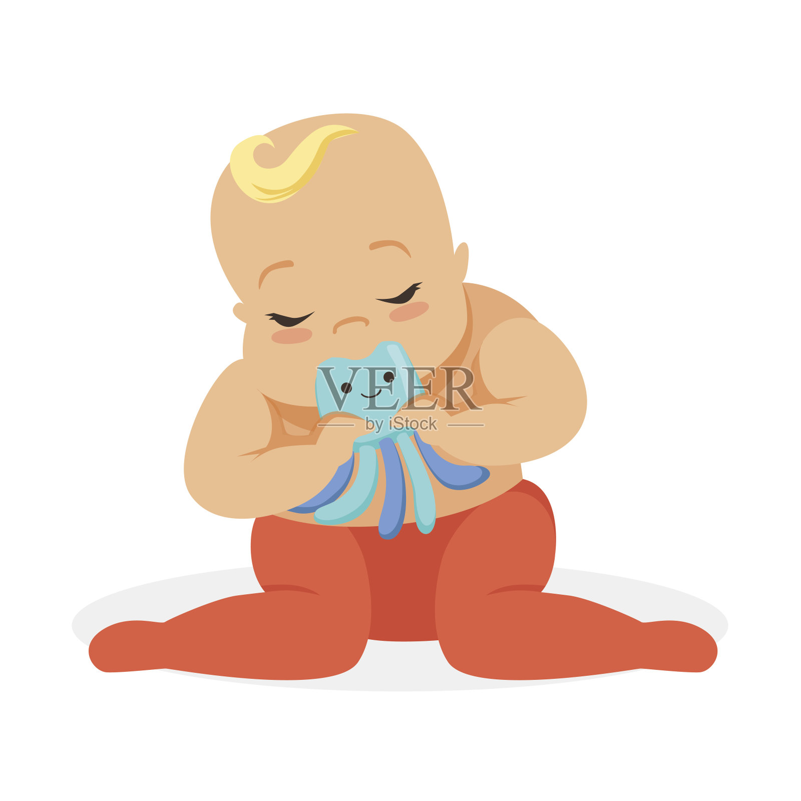 可爱的宝宝坐着玩章鱼牙玩具，彩色卡通人物矢量插图插画图片素材
