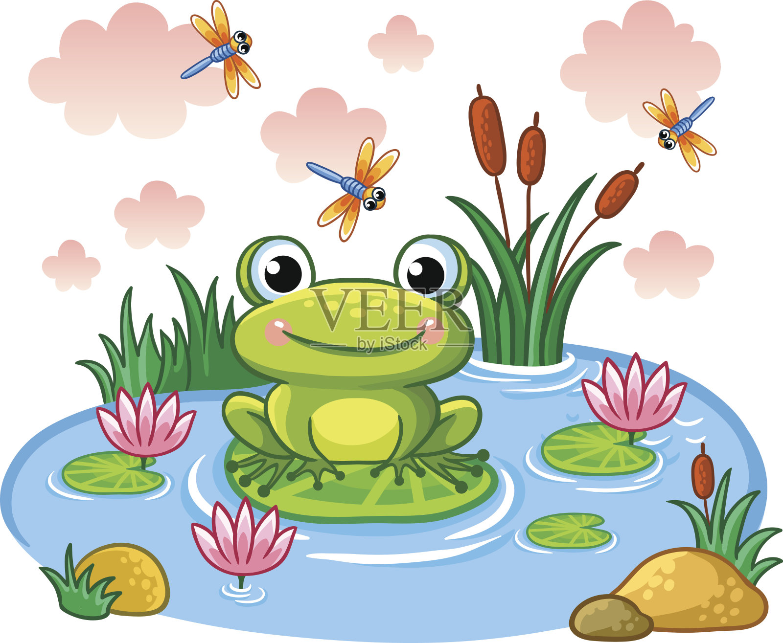 卡通图画一只青蛙蹲坐在池塘边透明PNG素材