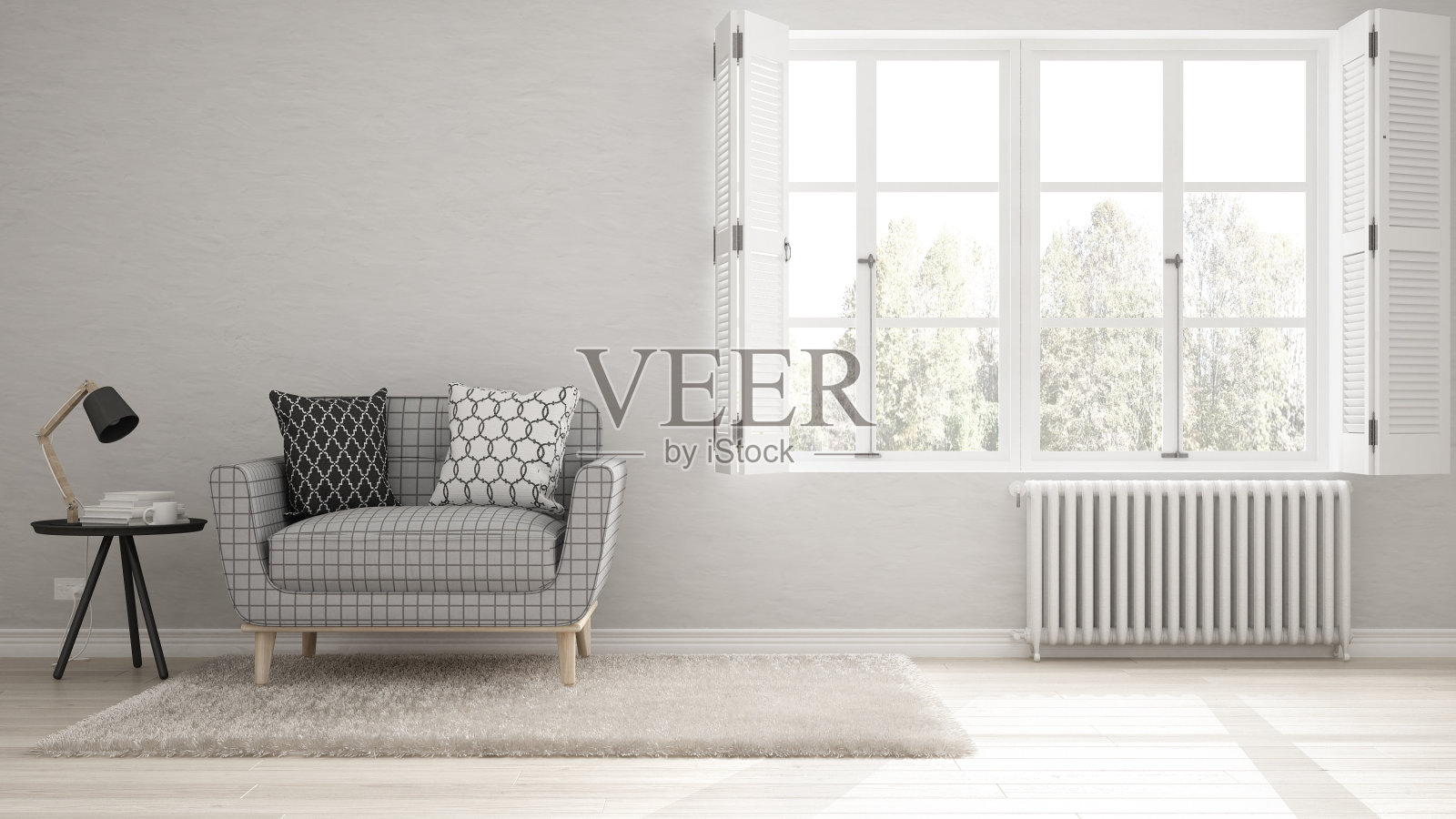 简约的客厅，简单的白色生活与大窗户，斯堪的纳维亚经典的室内设计照片摄影图片