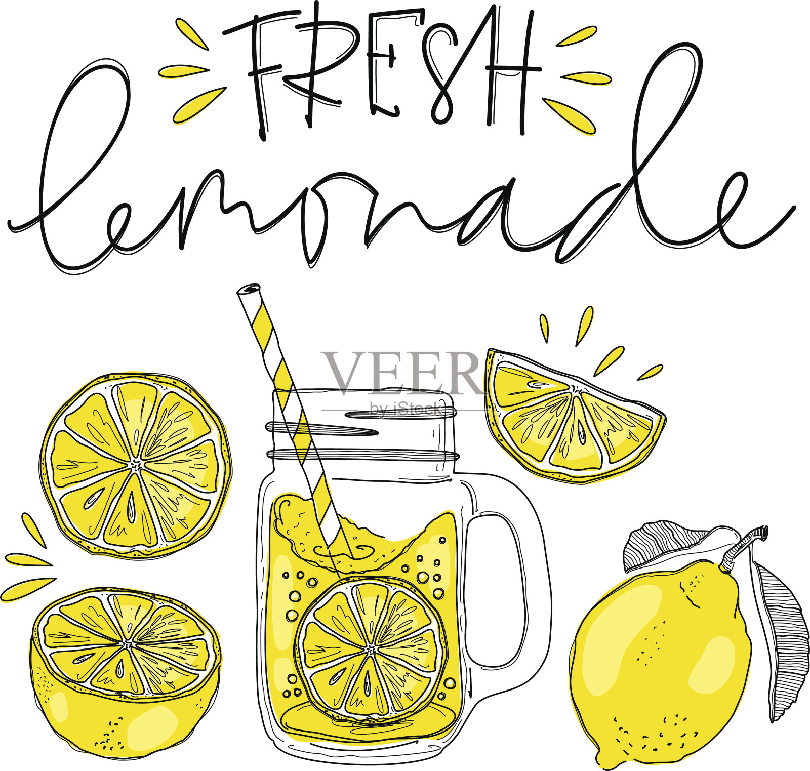 海报与柠檬水元素玻璃。刻字新鲜的柠檬水绘图插画图片素材