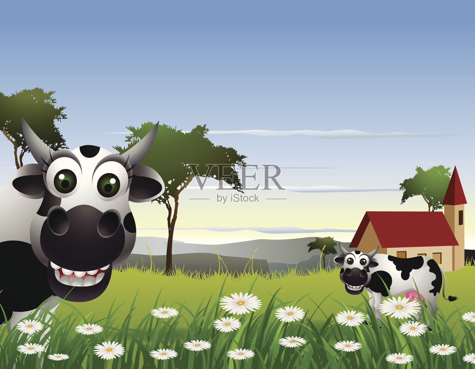 可爱的奶牛卡通与景观背景插画图片素材