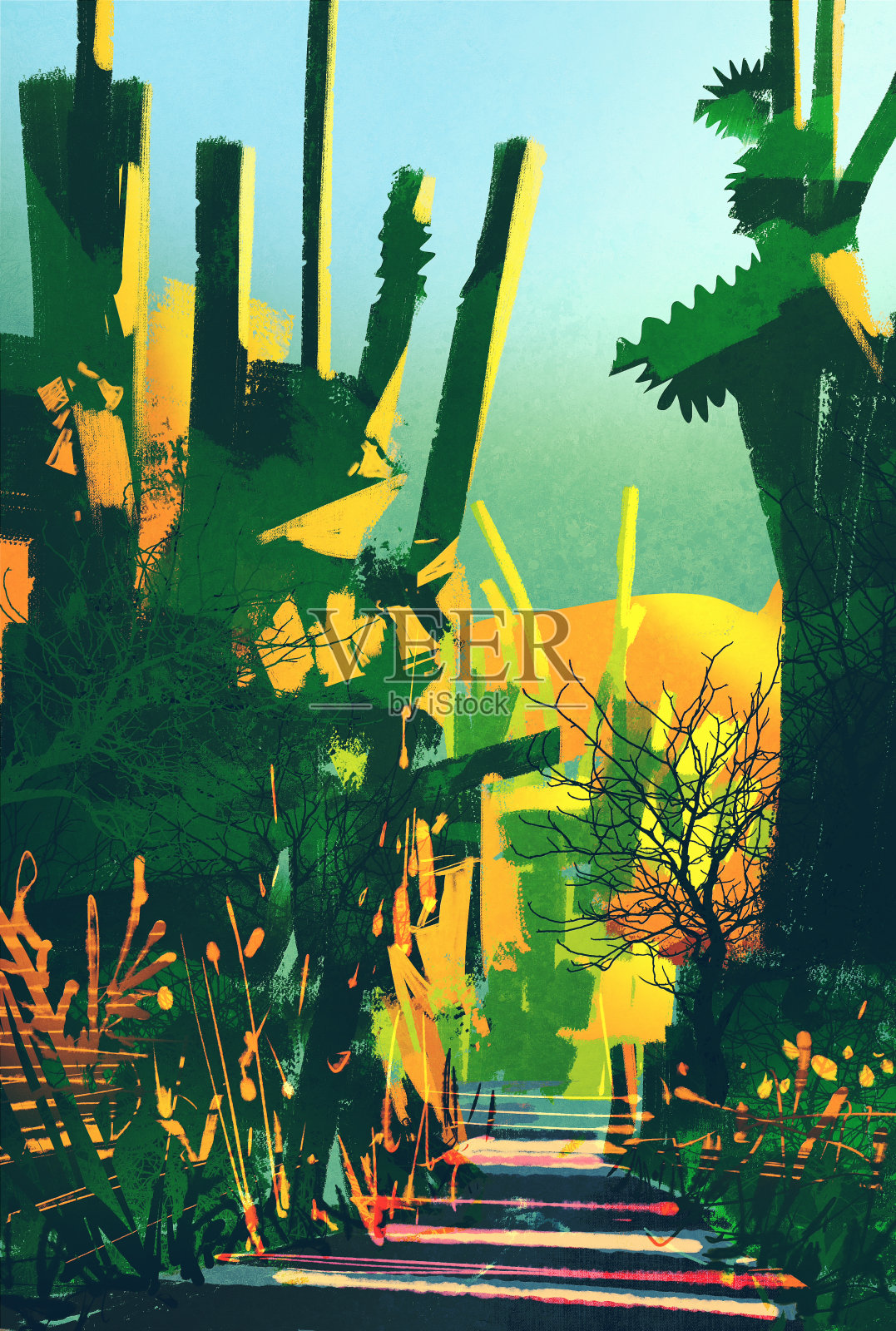 抽象多彩的景观，梦幻的森林插画图片素材