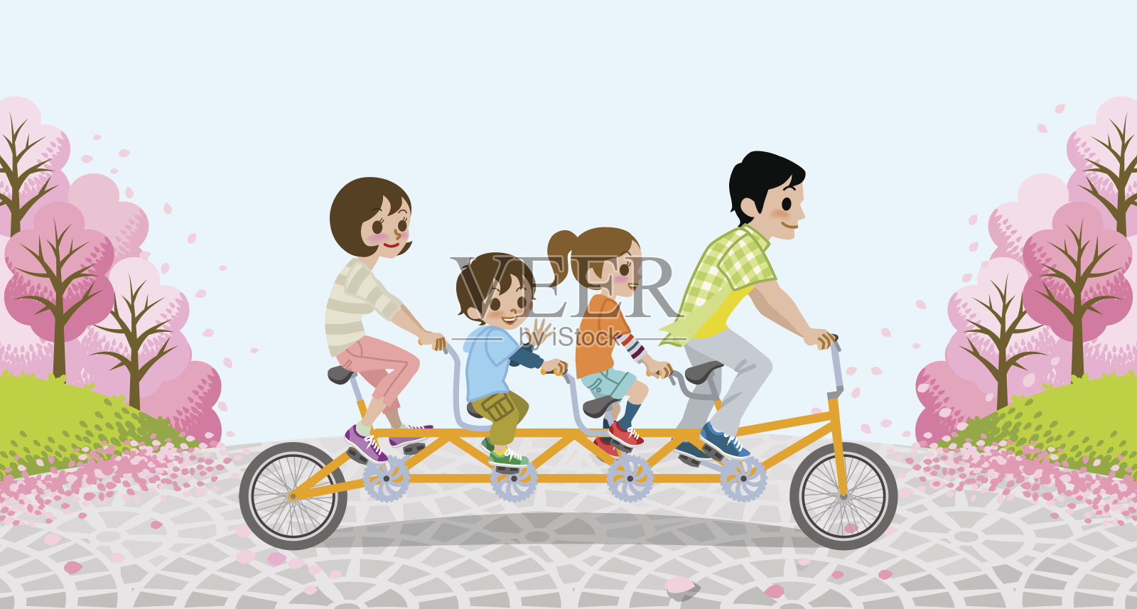 自行车家庭双人自行车-樱桃树- EPS10插画图片素材