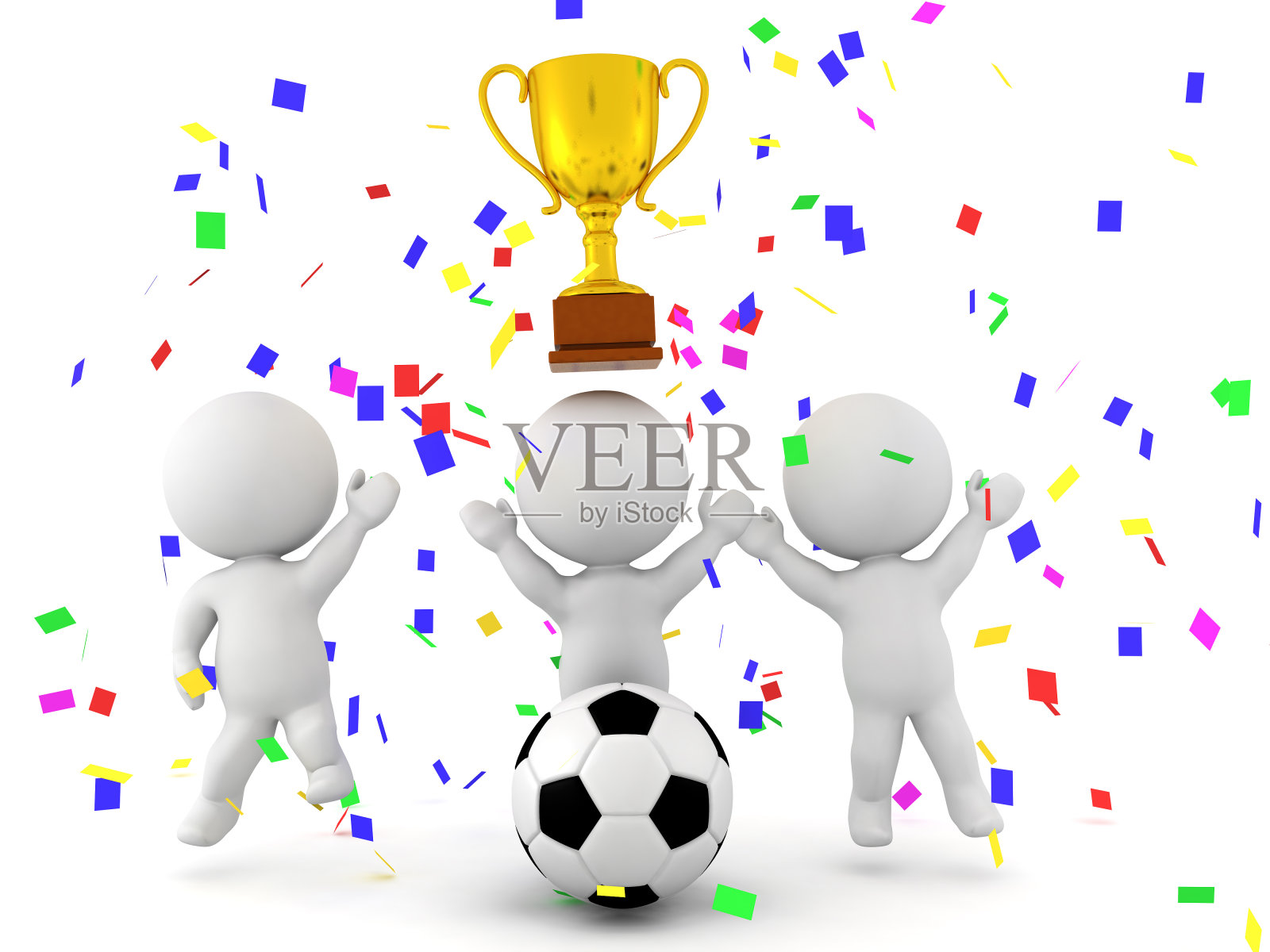 三个3D人物庆祝足球比赛的胜利插画图片素材