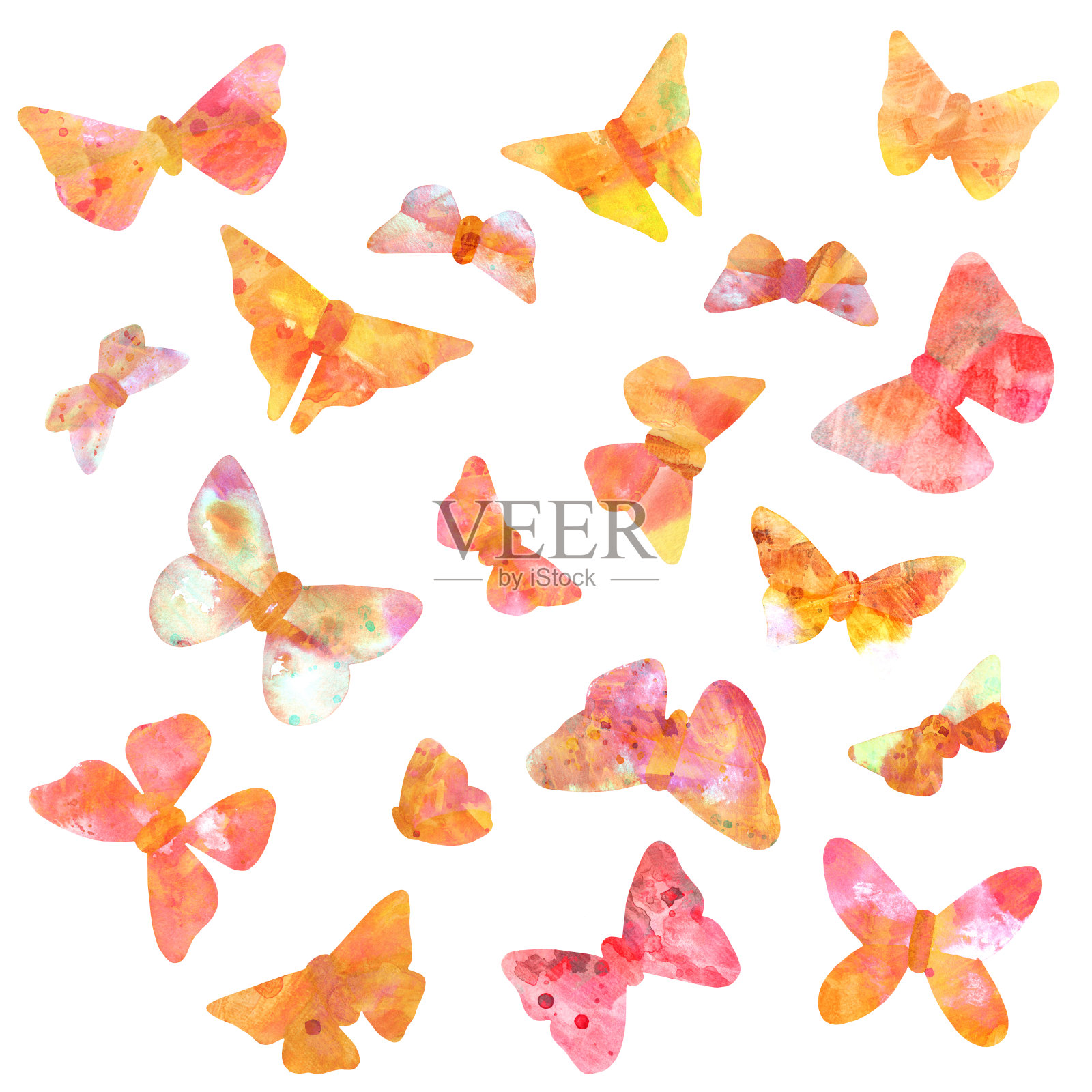 一套粉红色色调的水彩蝴蝶，孤立在白色插画图片素材