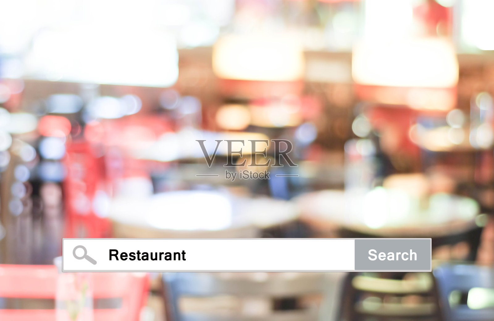 Word餐厅写在搜索栏上模糊餐厅背景，网页横幅，餐厅预订，在线食物，食物交付概念照片摄影图片