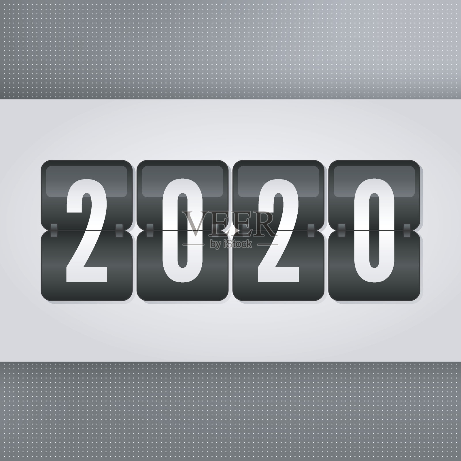 2020新年快乐记分牌。灰色黑色和白色矢量翻转符号上的虚线背景。信息标志插画图片素材