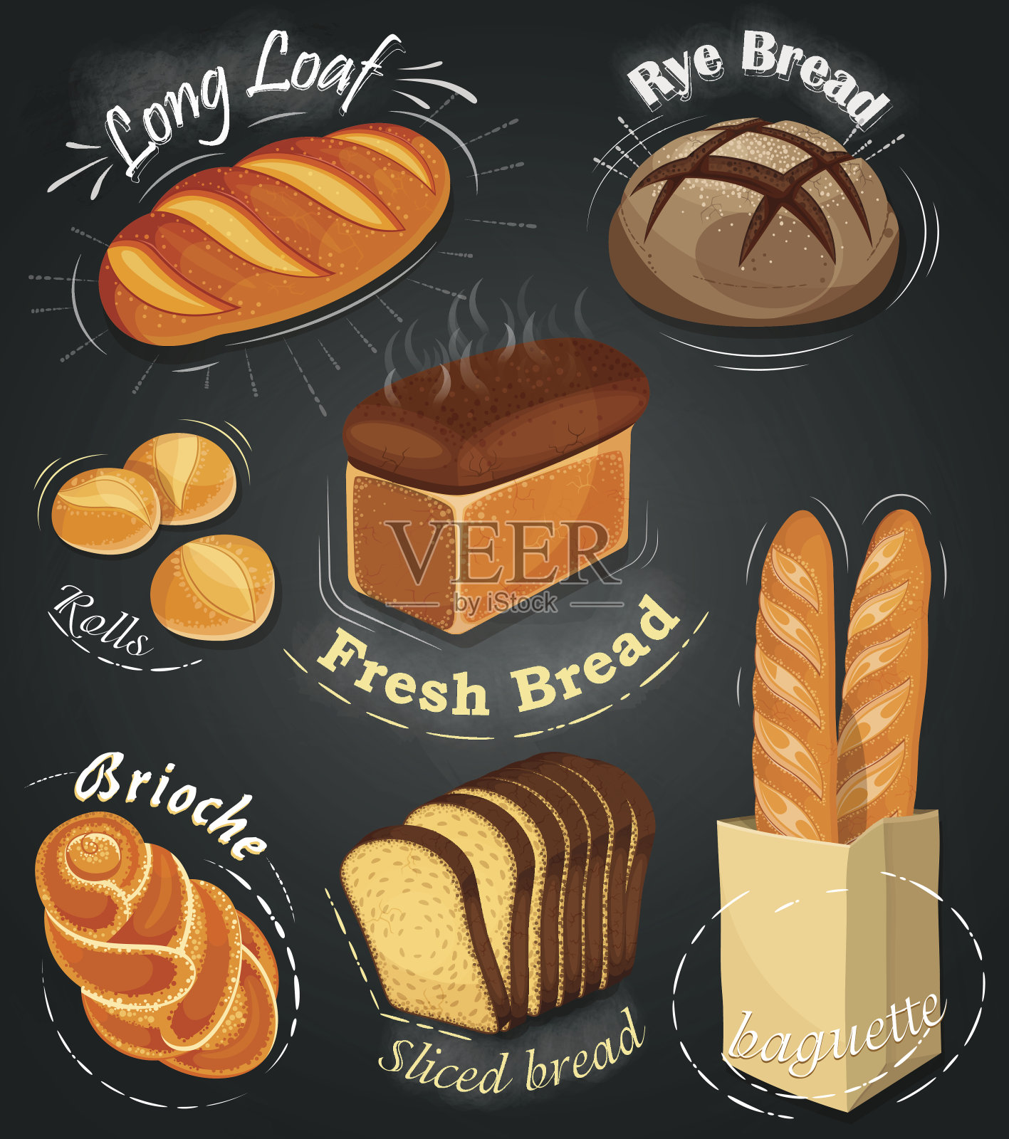 在黑板上为面包店做广告。整套烘焙产品。菜单。长面包，黑麦面包，长棍面包，小圆面包，白面包，切片面包，奶油蛋卷。矢量图设计元素图片