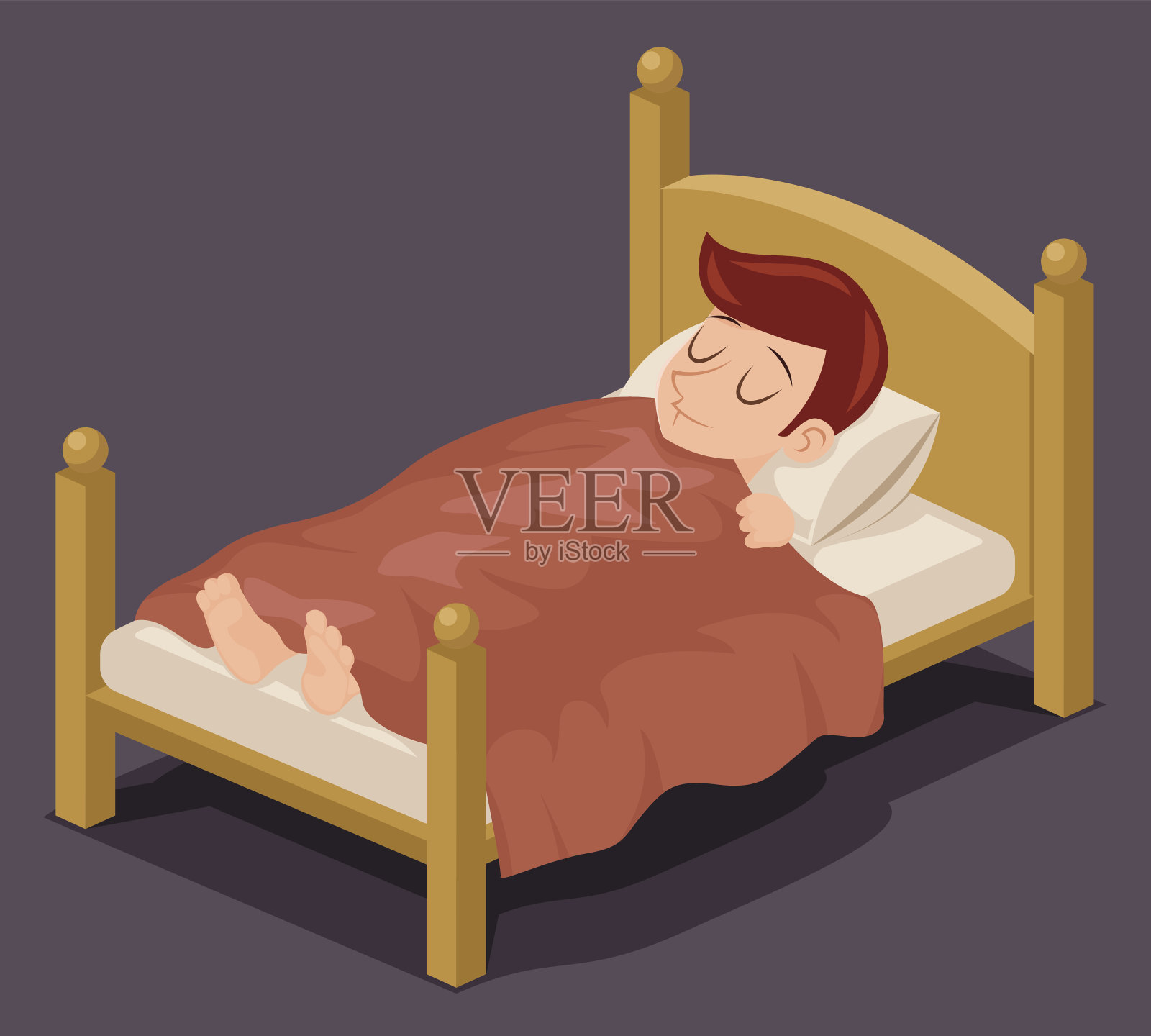 睡觉男人床休息晚上毯子枕头卡通设计矢量插图插画图片素材