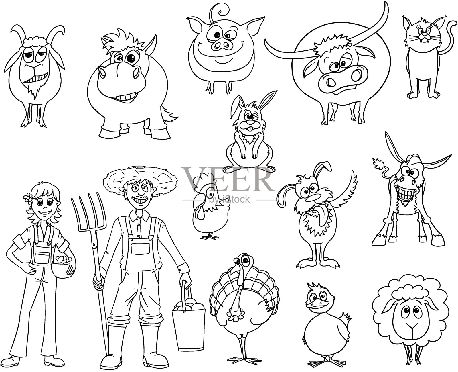 一套手绘矢量卡通农场动物和男性和女性农民插画图片素材